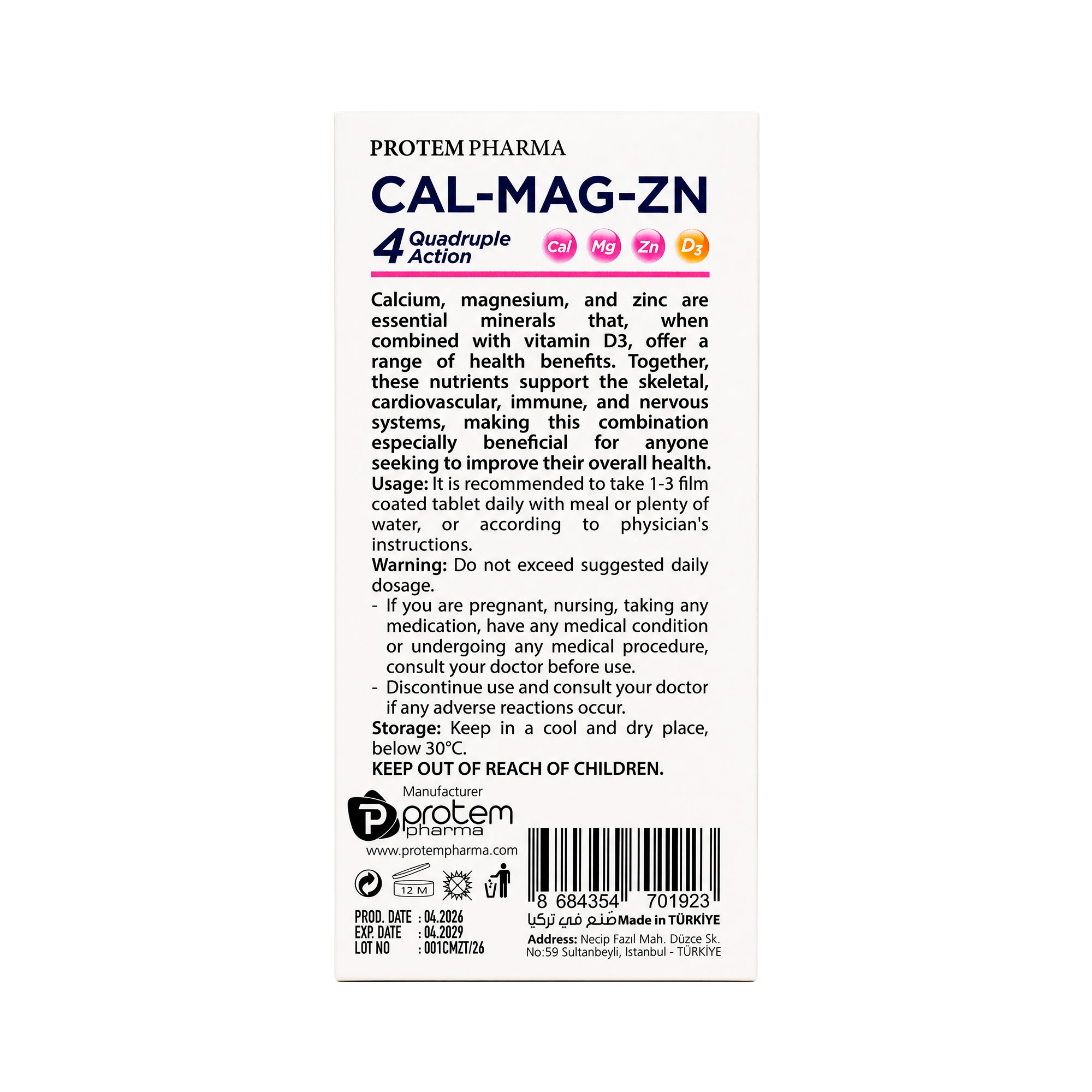 Protem Pharma Cal-Mag-Zn+Vit D3 90 Tablets