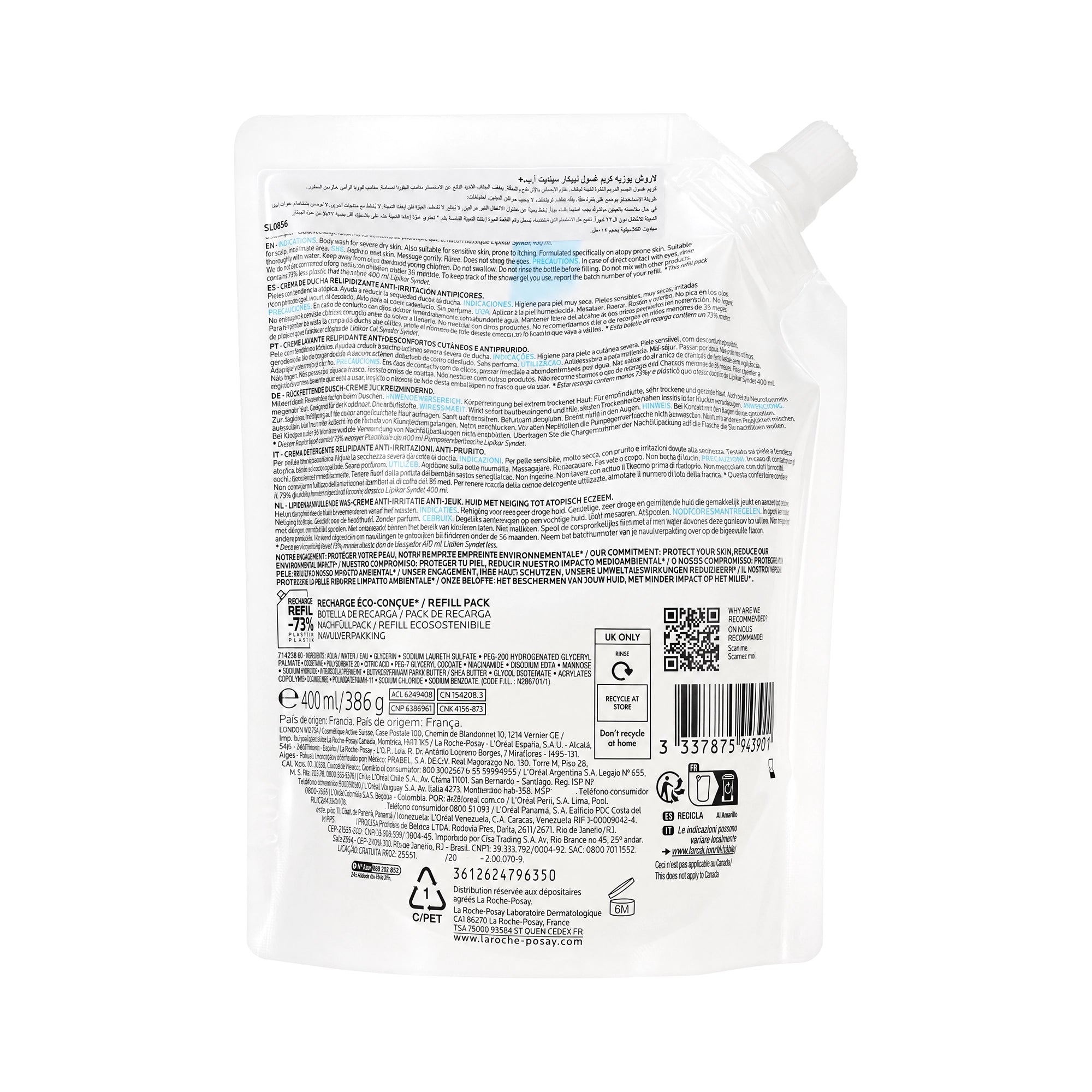 61594-La Roche Posay Lipikar Syndet Ap+ Refill 400mL +1