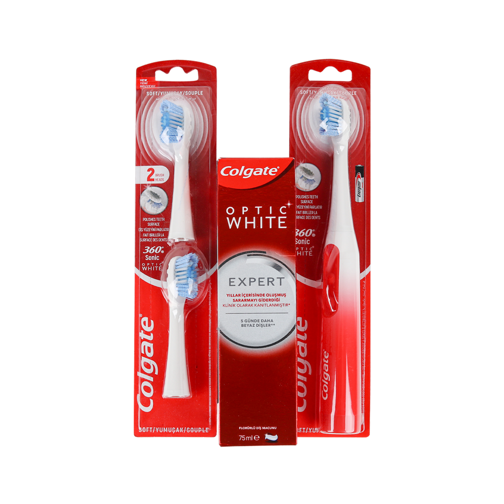 Colgate Optic White 360 Platinum & Power Soft Toothbrush + Expert White Toothpaste.