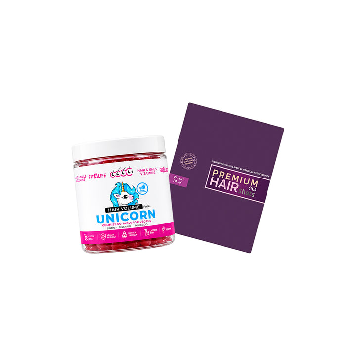 98020-Fit 4 Life Premium Hair Shot &amp; Hair Unicorn 60 Gummies Duo Set