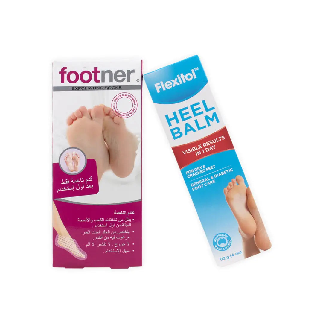 97170-Footner Exfoliating Socks + Flexitol Heel Balm Set