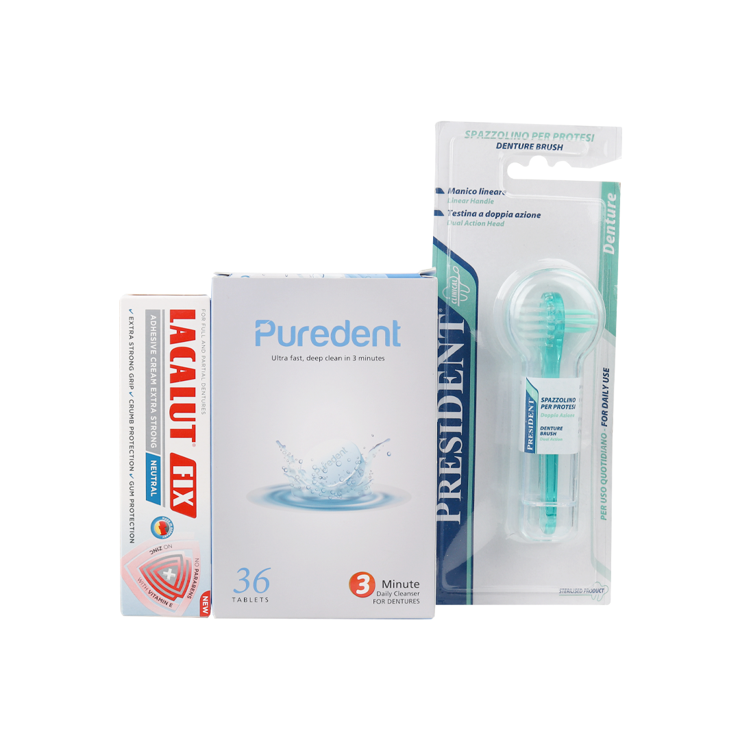 Lacalut Fix & Puredent Cleaning Offer + President Denture Brush Set