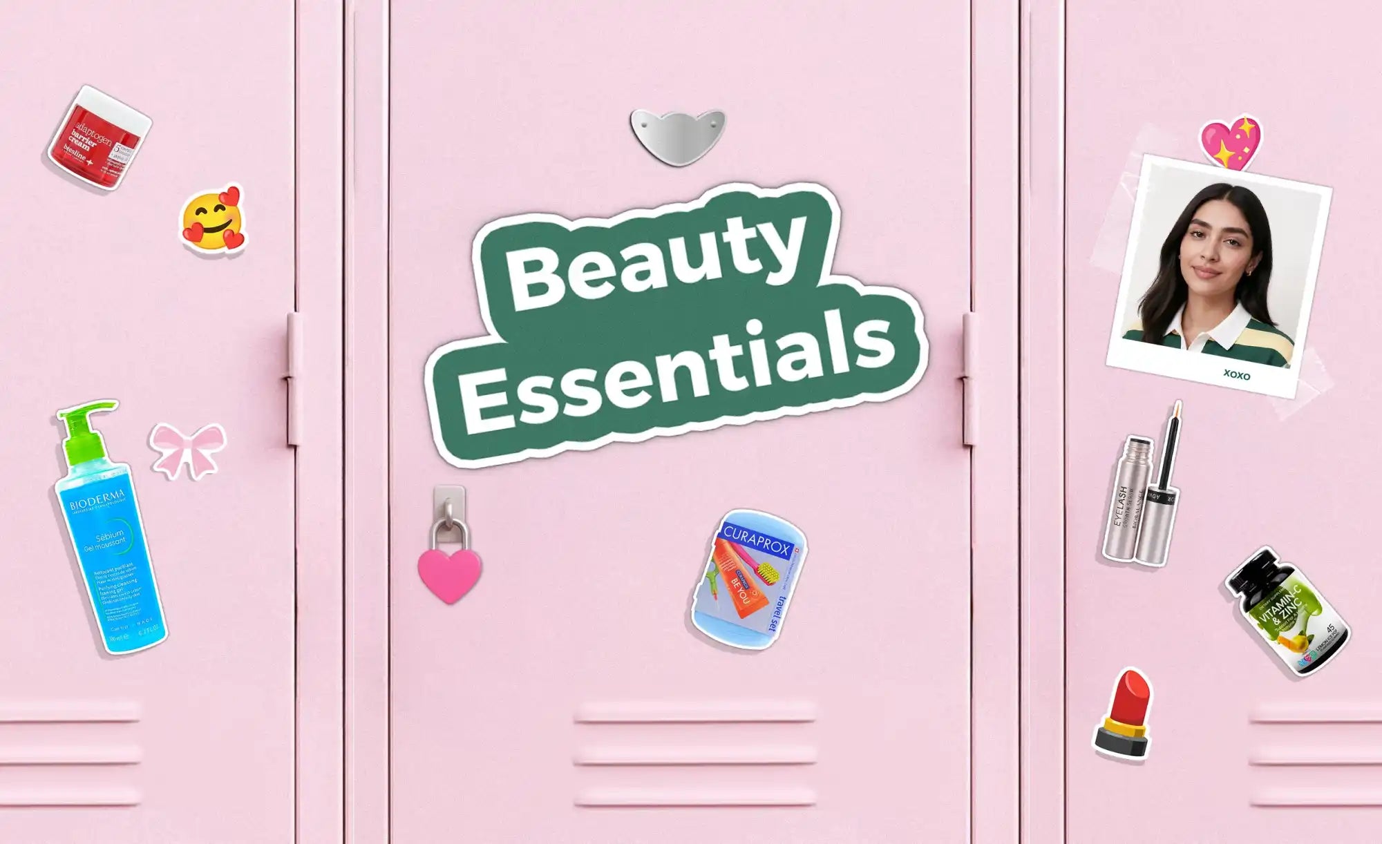 Pink locker with ’beauty essentials’ sticker and various beauty product stickers.