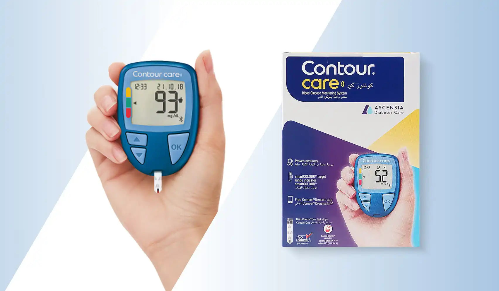 A blue and white blood glucose meter, displaying a reading of ’93 mg/dL’ on its screen, and its product packaging.