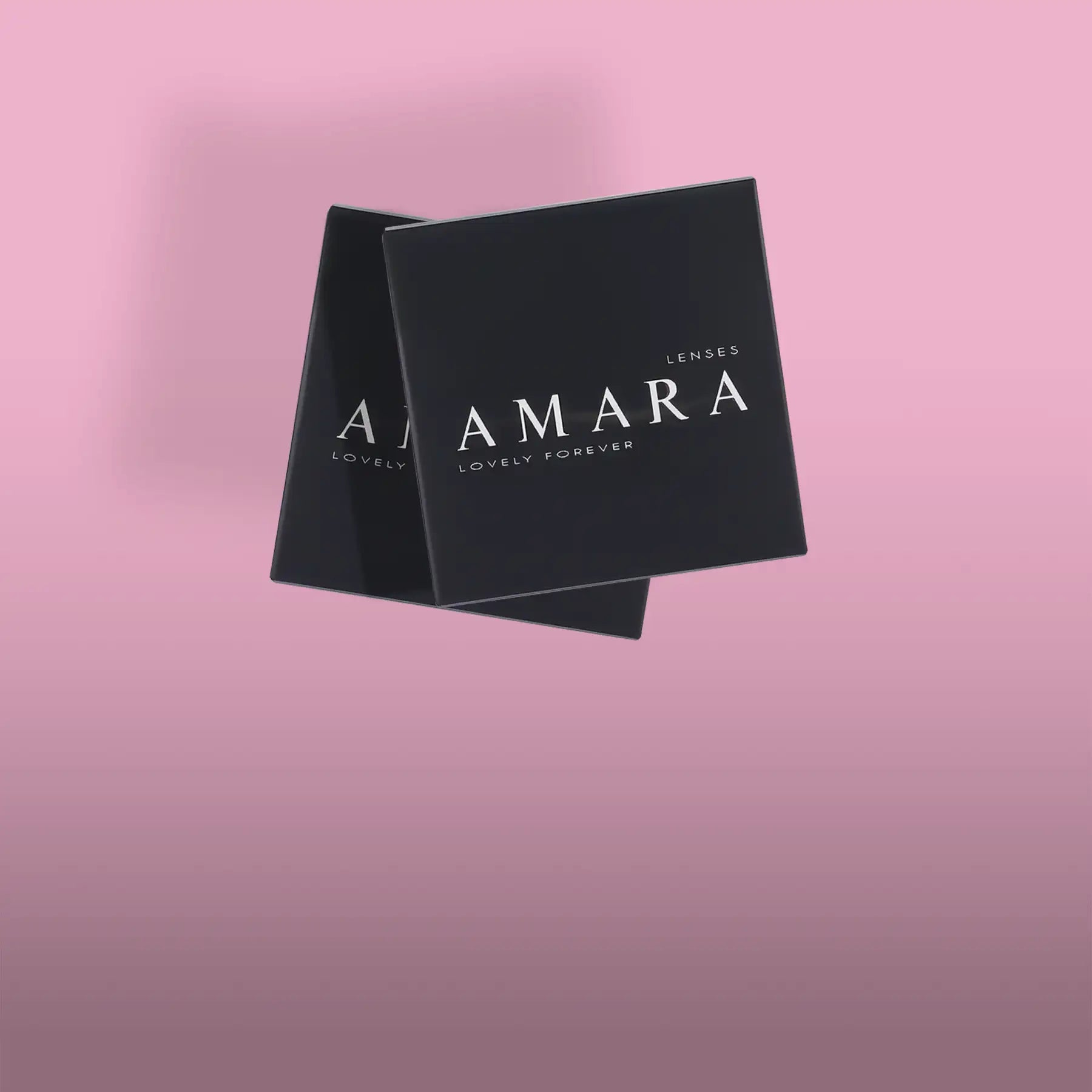Black rectangular amara lenses packaging with white ’amara’ branding and ’lovely forever’ tagline.