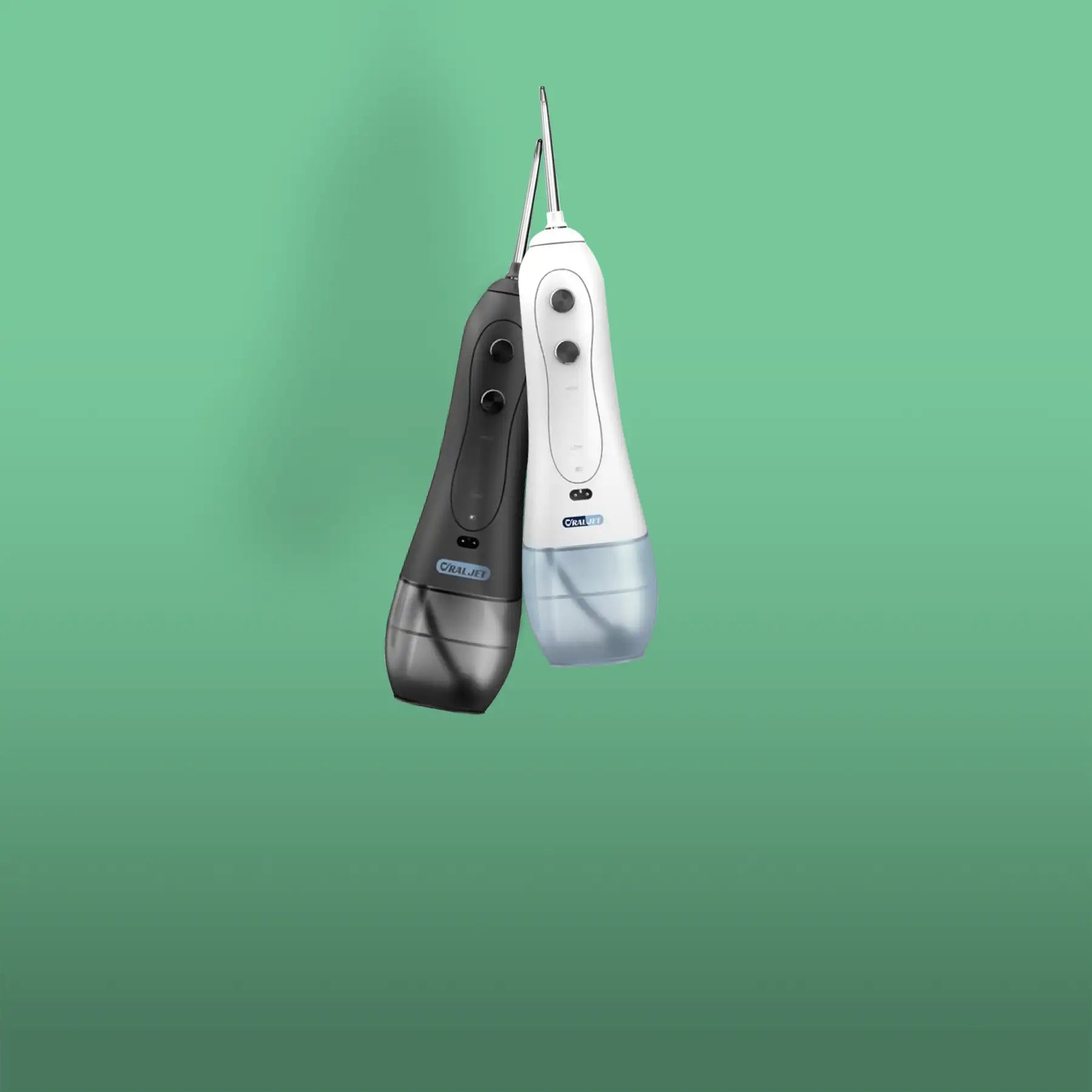 Two oral-b crossjet water flossers, one in matte black and the other in white with a translucent reservoir.