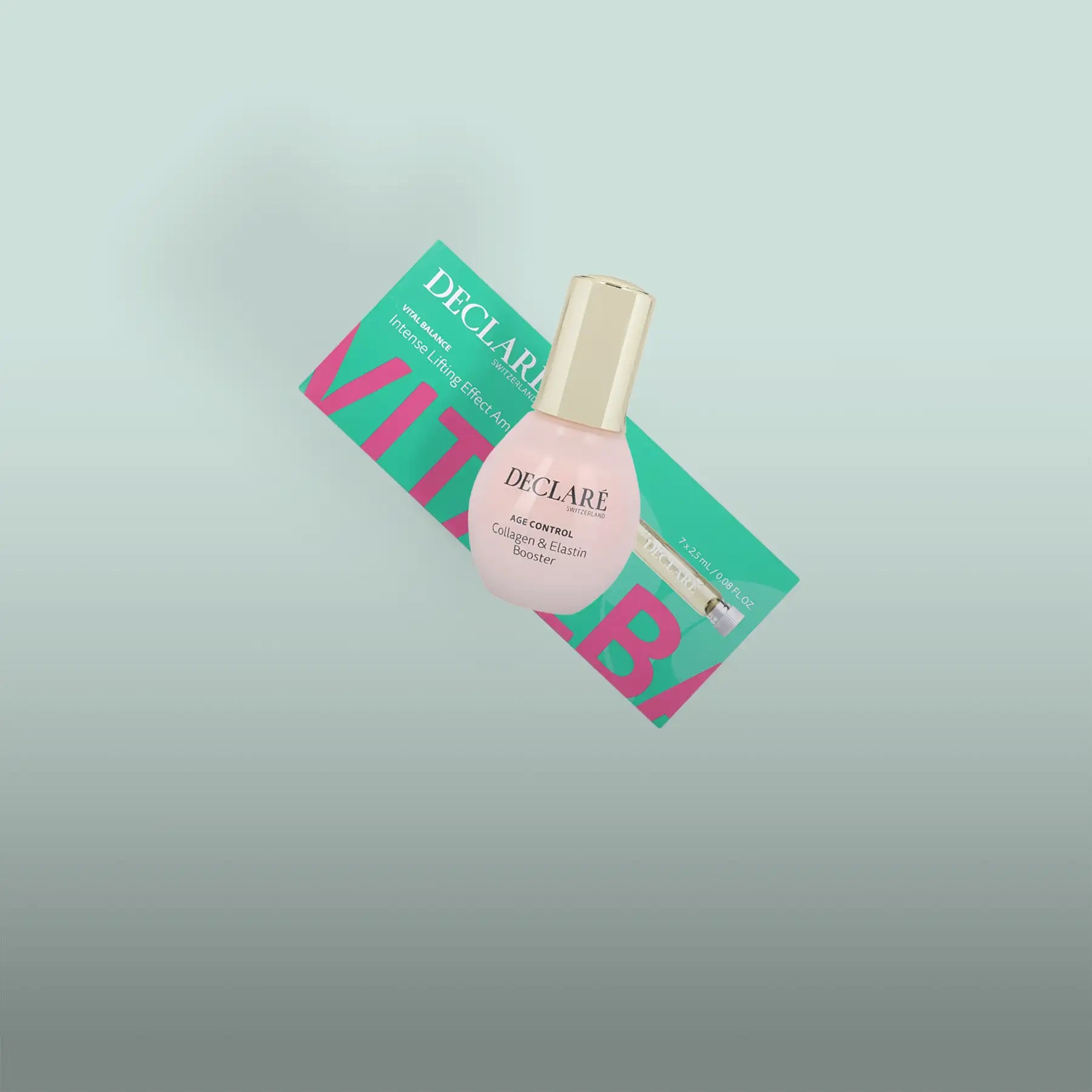 A pink declare skincare bottle with a gold cap and white label, featuring ’age control collagen & elastin booster’ text.