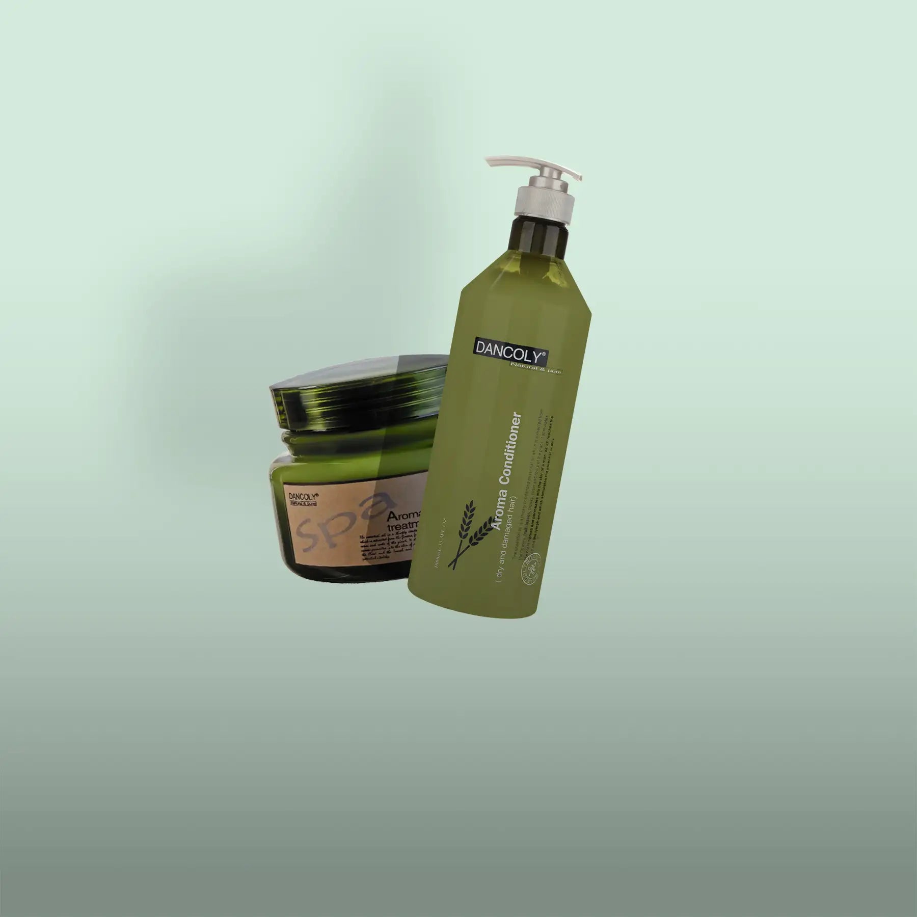 Olive-green translucent bottle of dancoly aroma conditioner with a silver pump dispenser.