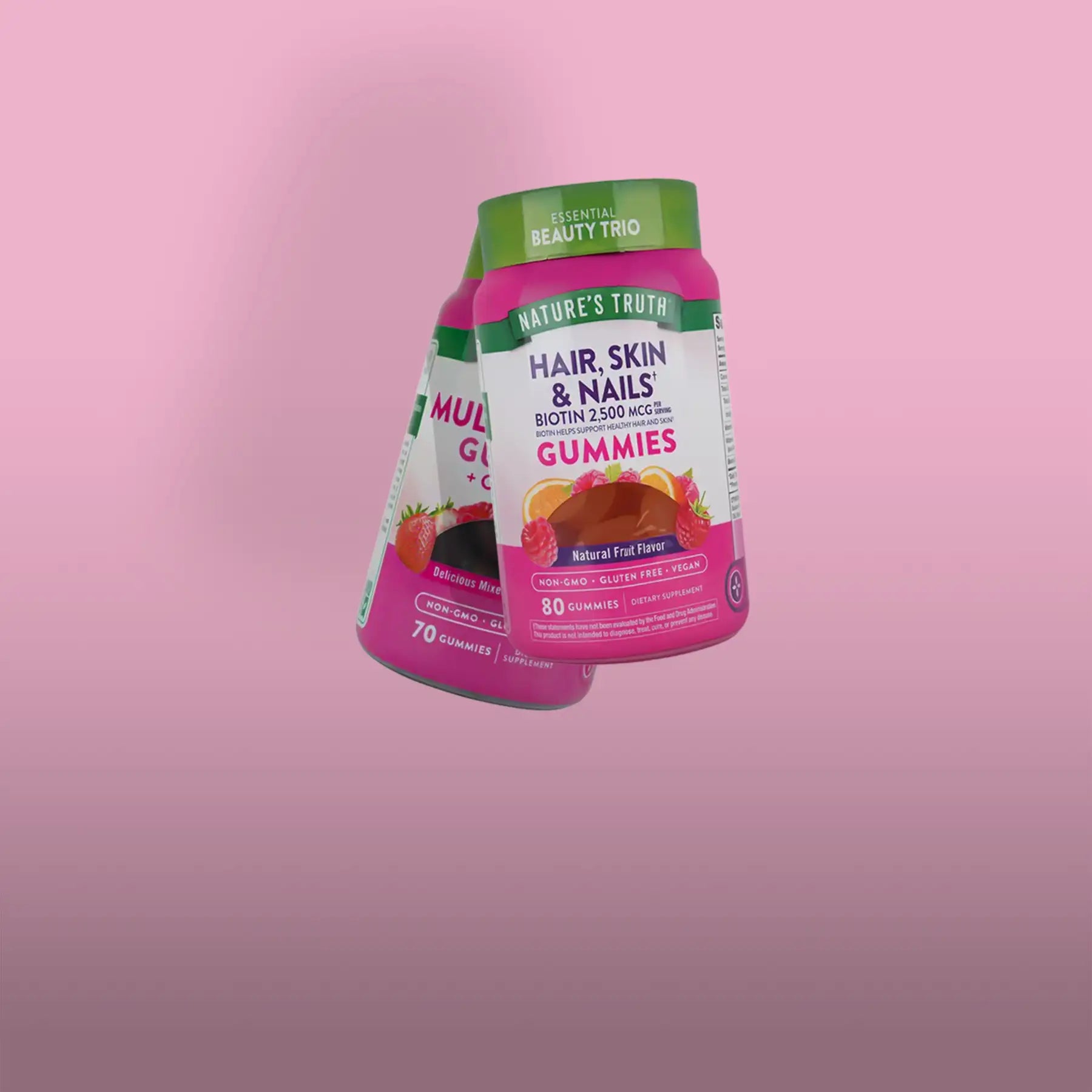 Pink and green bottle of nature’s truth hair, skin & nails biotin gummies.