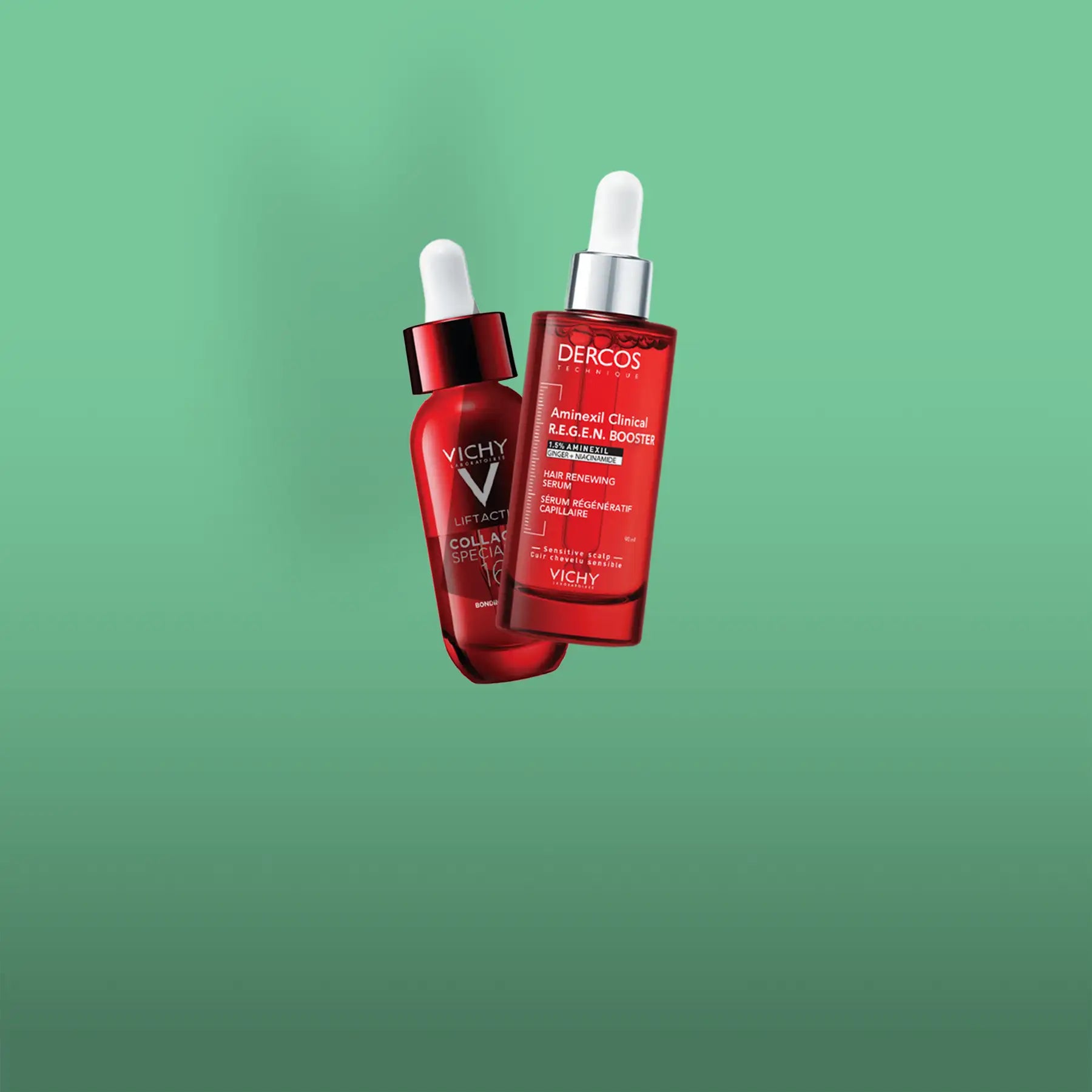 Two red glass bottles of vichy skincare serums, one labeled ’liftact collagen 10’’ and the other ’aminexil clinical regen booster,’ each with a white dropper cap.