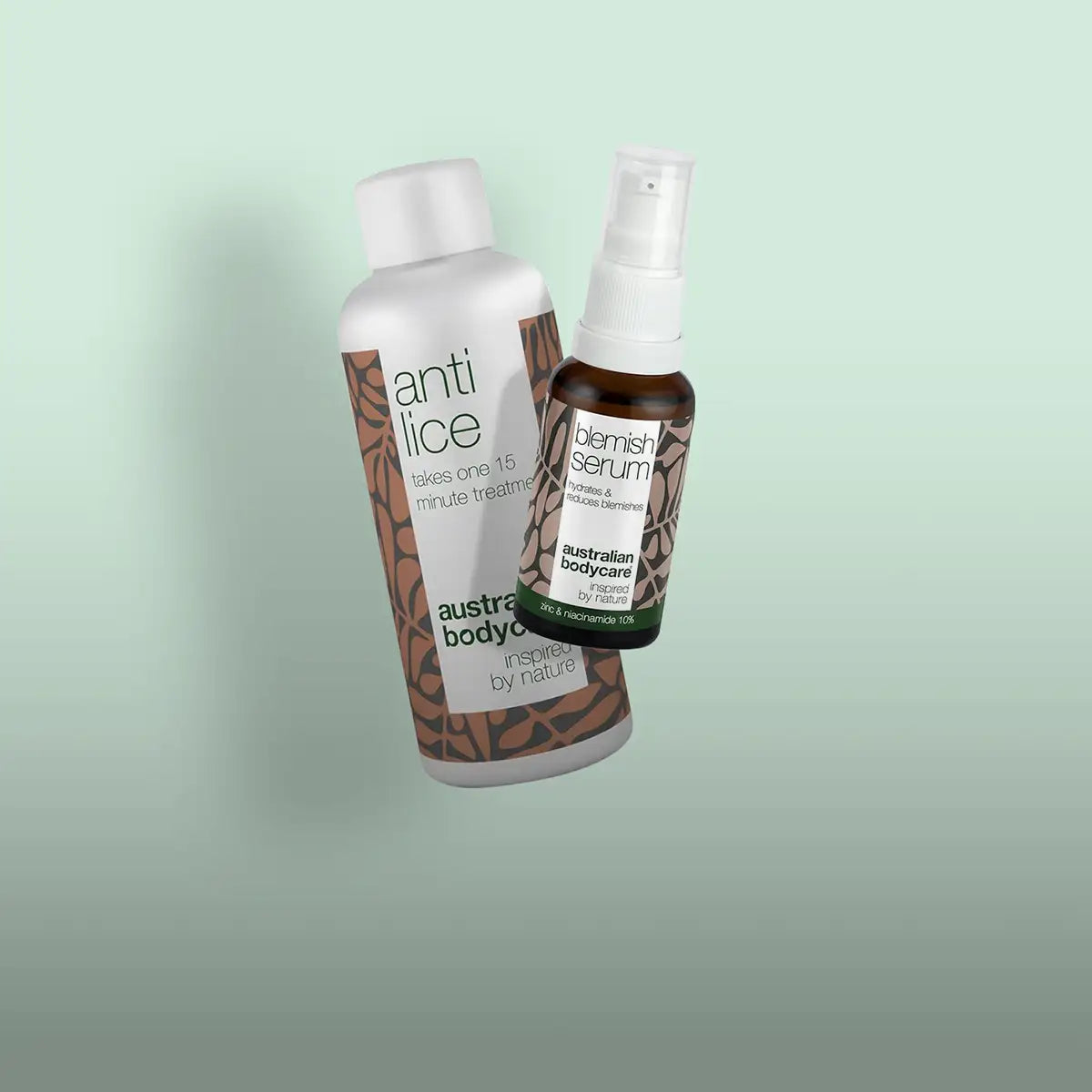 White and brown patterned bottle of anti lice treatment from australian bodycare