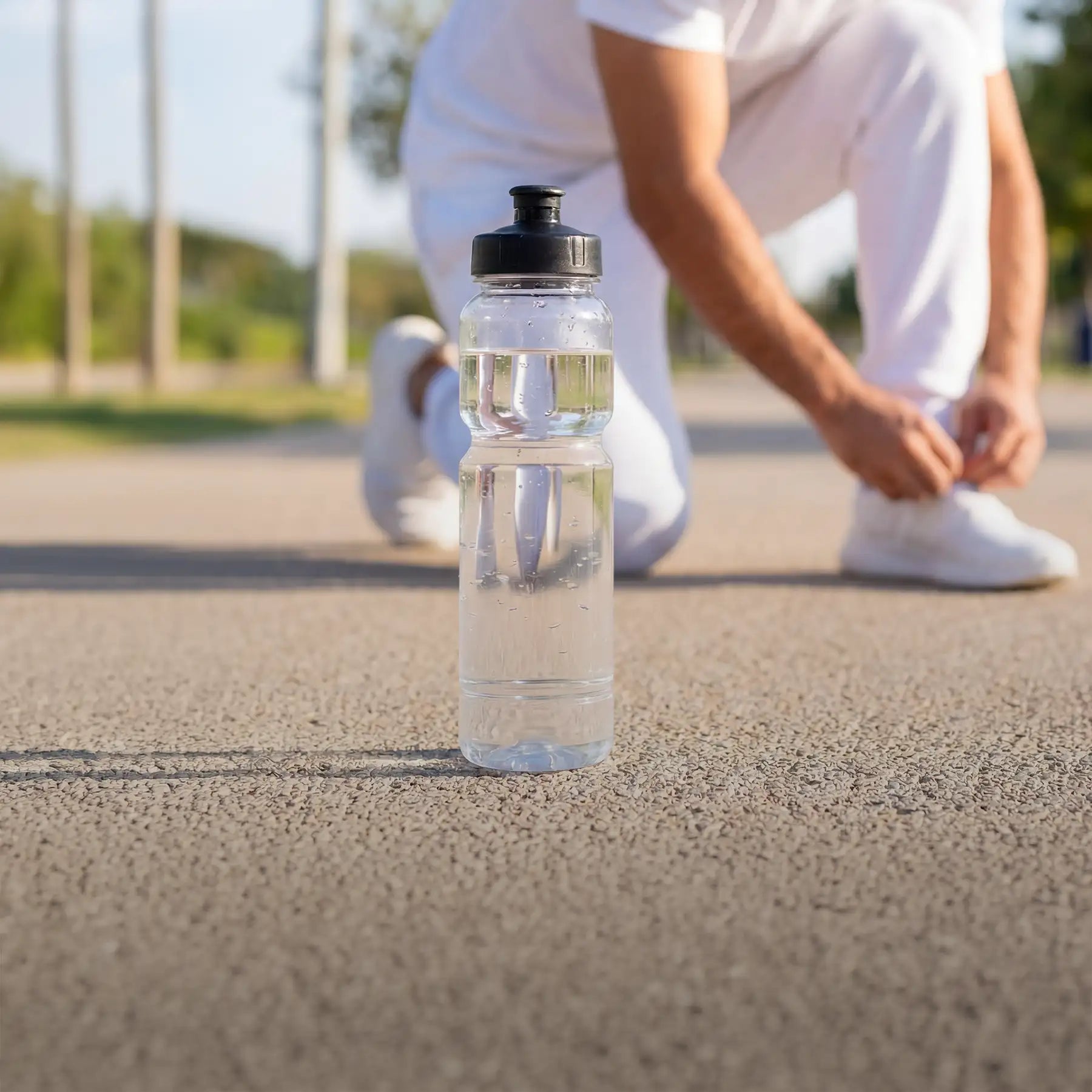 Clear plastic water bottle with a black screw-on cap, filled with liquid and resting on asphalt.