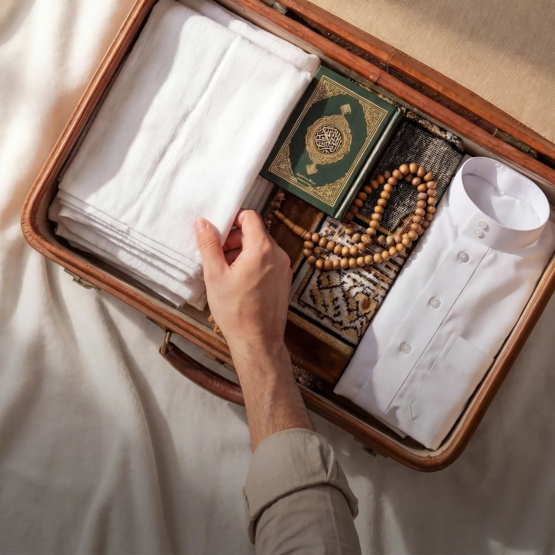 A brown leather suitcase containing neatly folded white garments, a green and gold-bound quran, wooden prayer beads, and a patterned cloth.