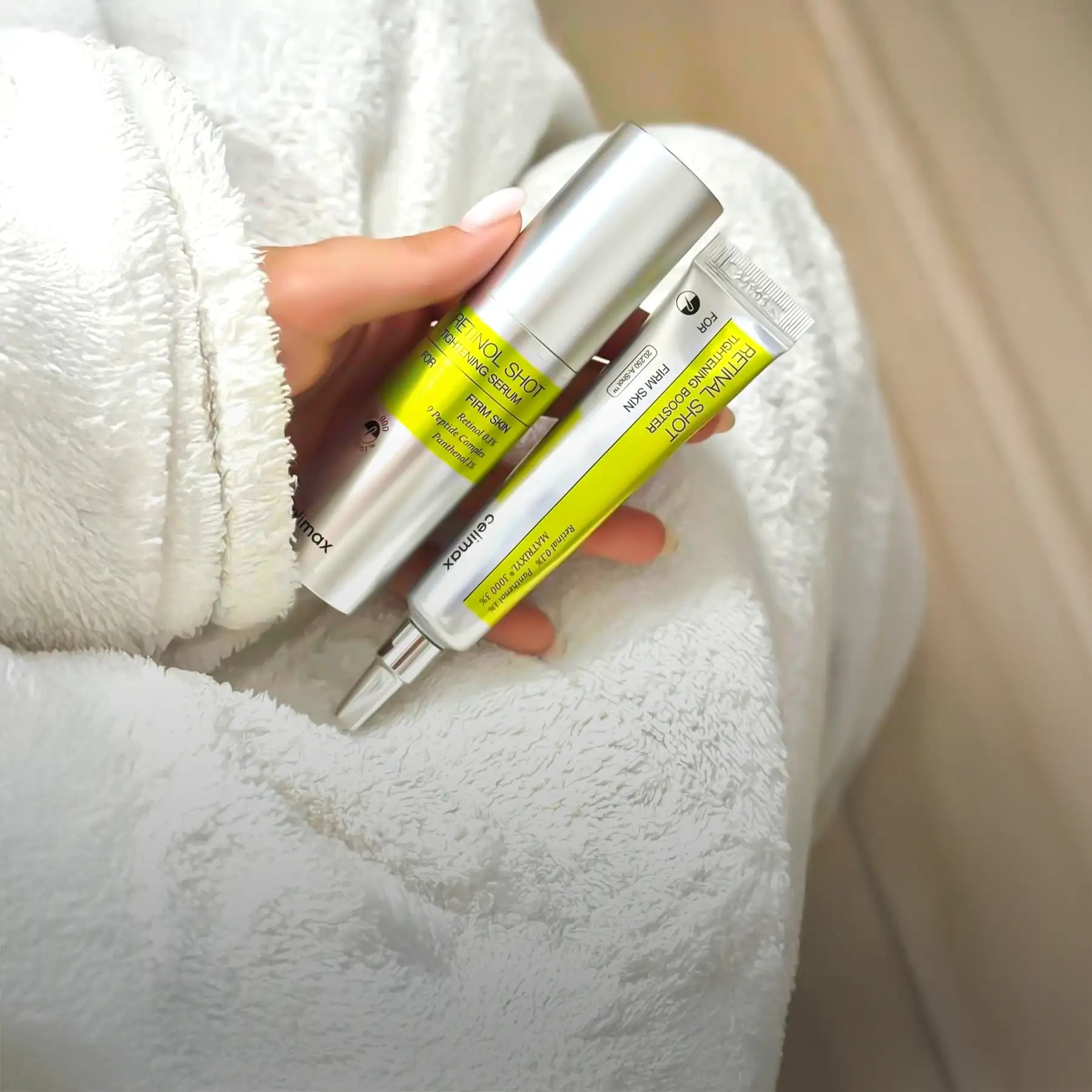 Silver and yellow retinal shot skincare products from the brand cellmax