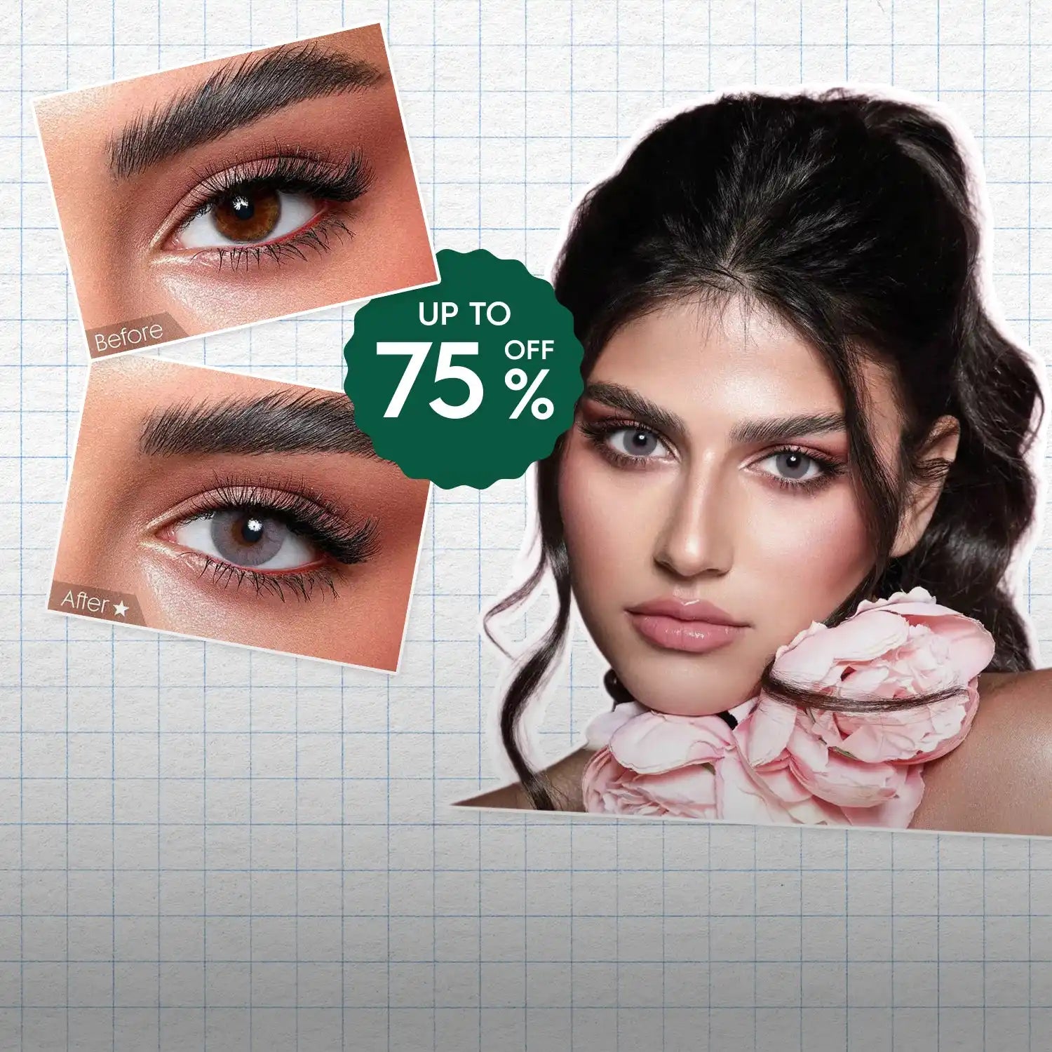 A woman modeling colored contact lenses, with a ’before and after’ comparison of her eye.