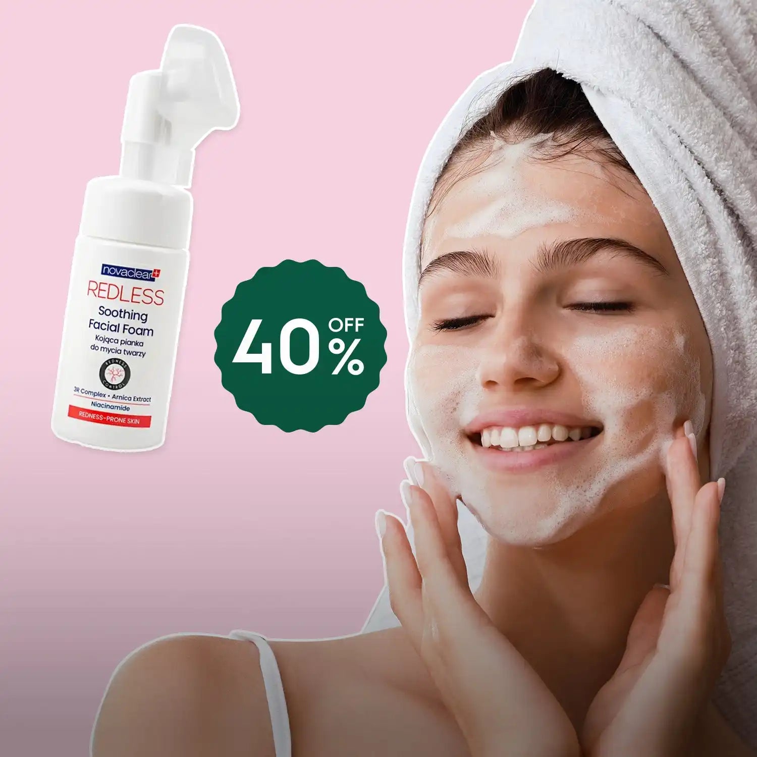 Facial cleansing foam with a soothing formula and 40% off.