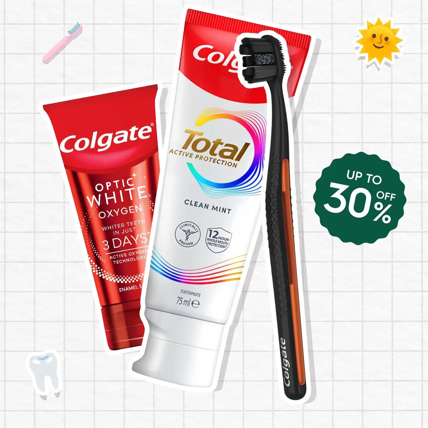 Oral care products featuring two tubes of Colgate toothpaste and a Colgate toothbrush, with a ’UP TO 30% OFF’ discount.