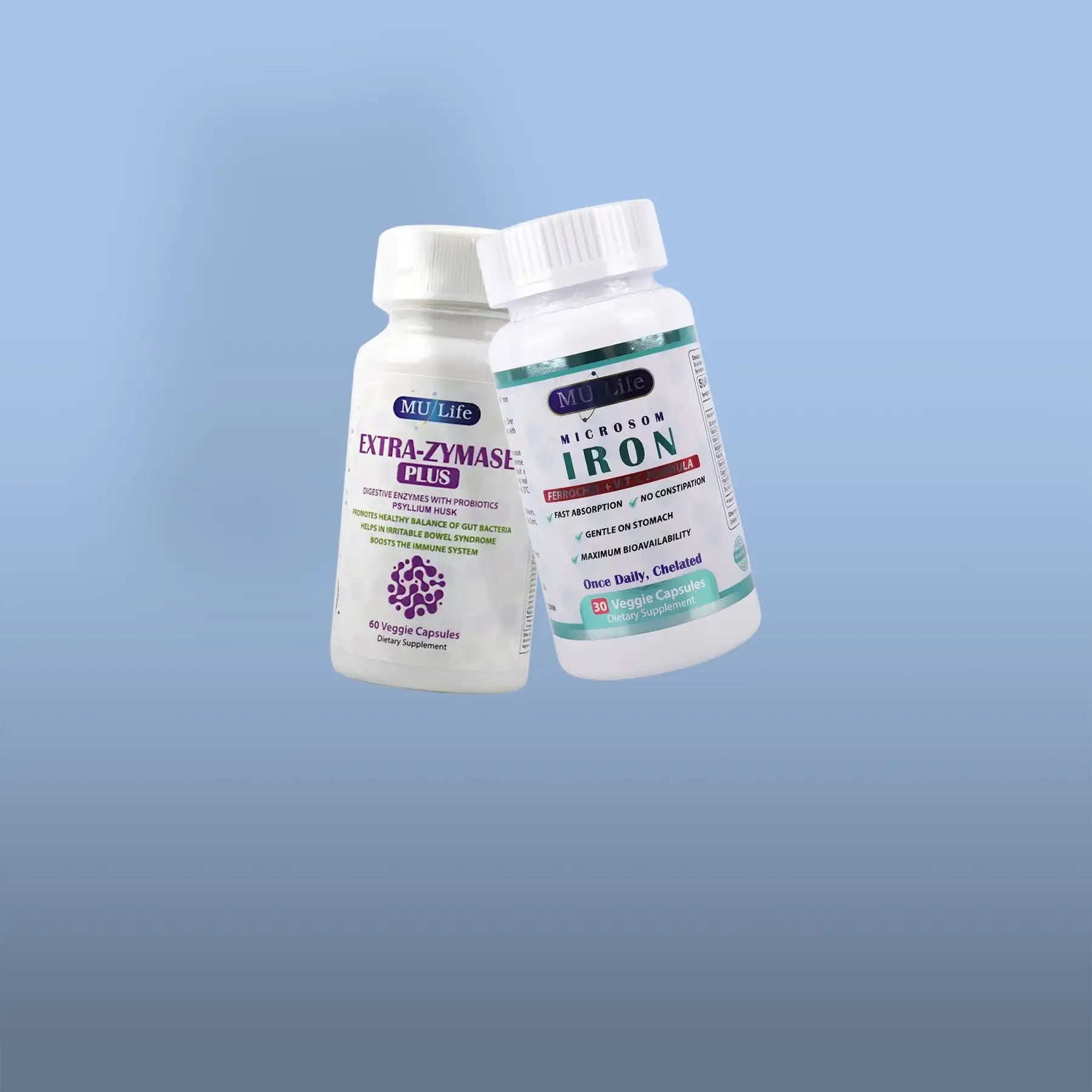 Two white plastic bottles with white caps, labeled ’mu life’ and featuring product names like ’extra-zymase plus’ and ’microsom iron,’ each containing 60 or 30 veggie capsules respectively.
