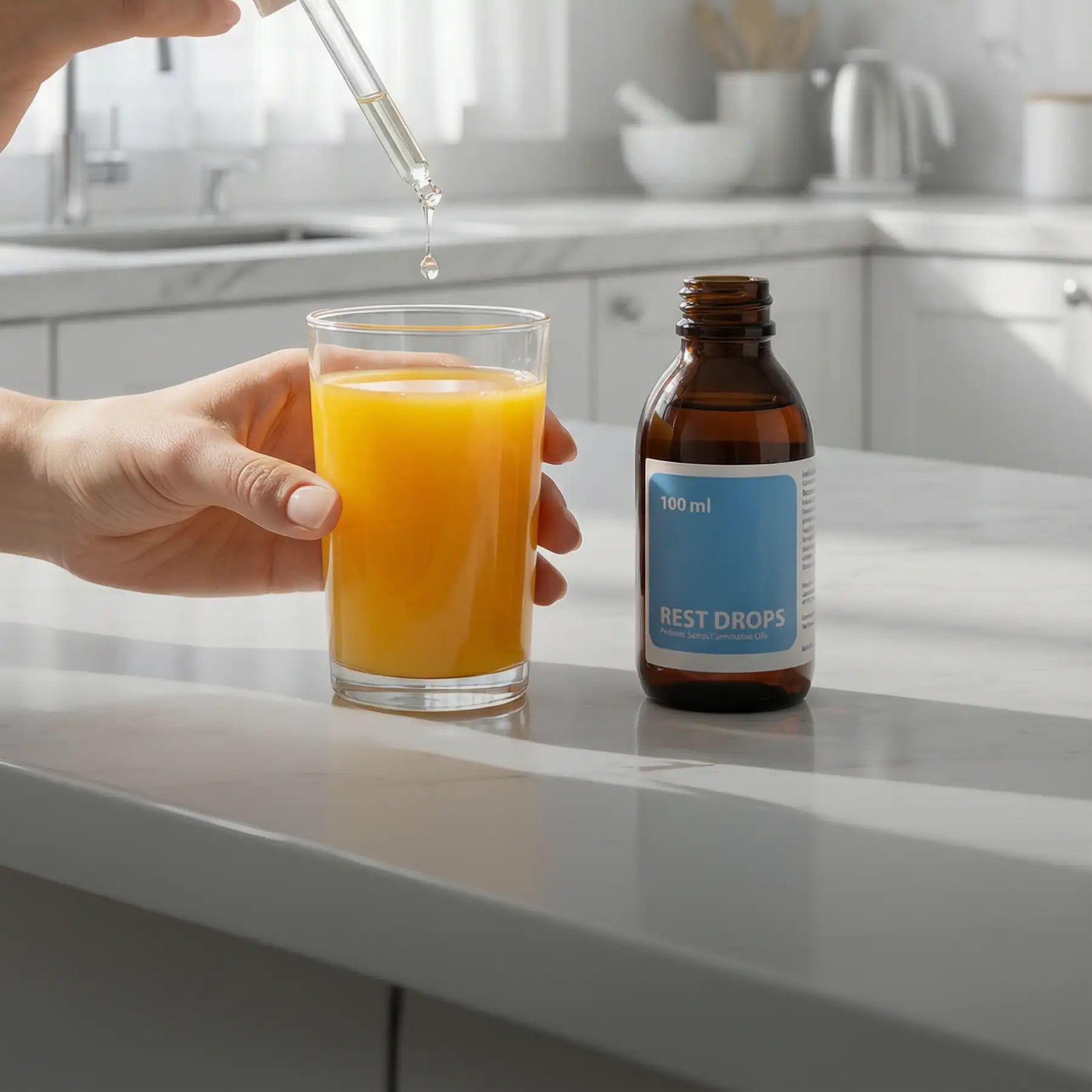 Amber glass bottle labeled ’rest drops’ with a blue label and white text, containing 100 ml of liquid.