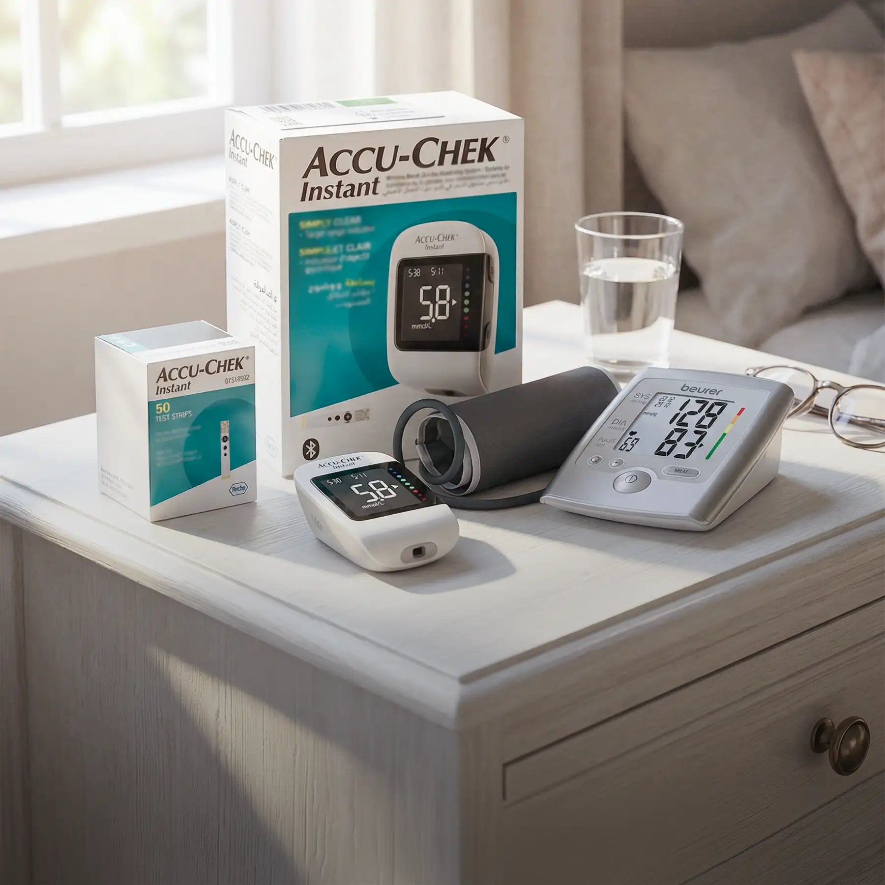White accu-chek instant blood glucose meter with digital display and sleek, rounded design.