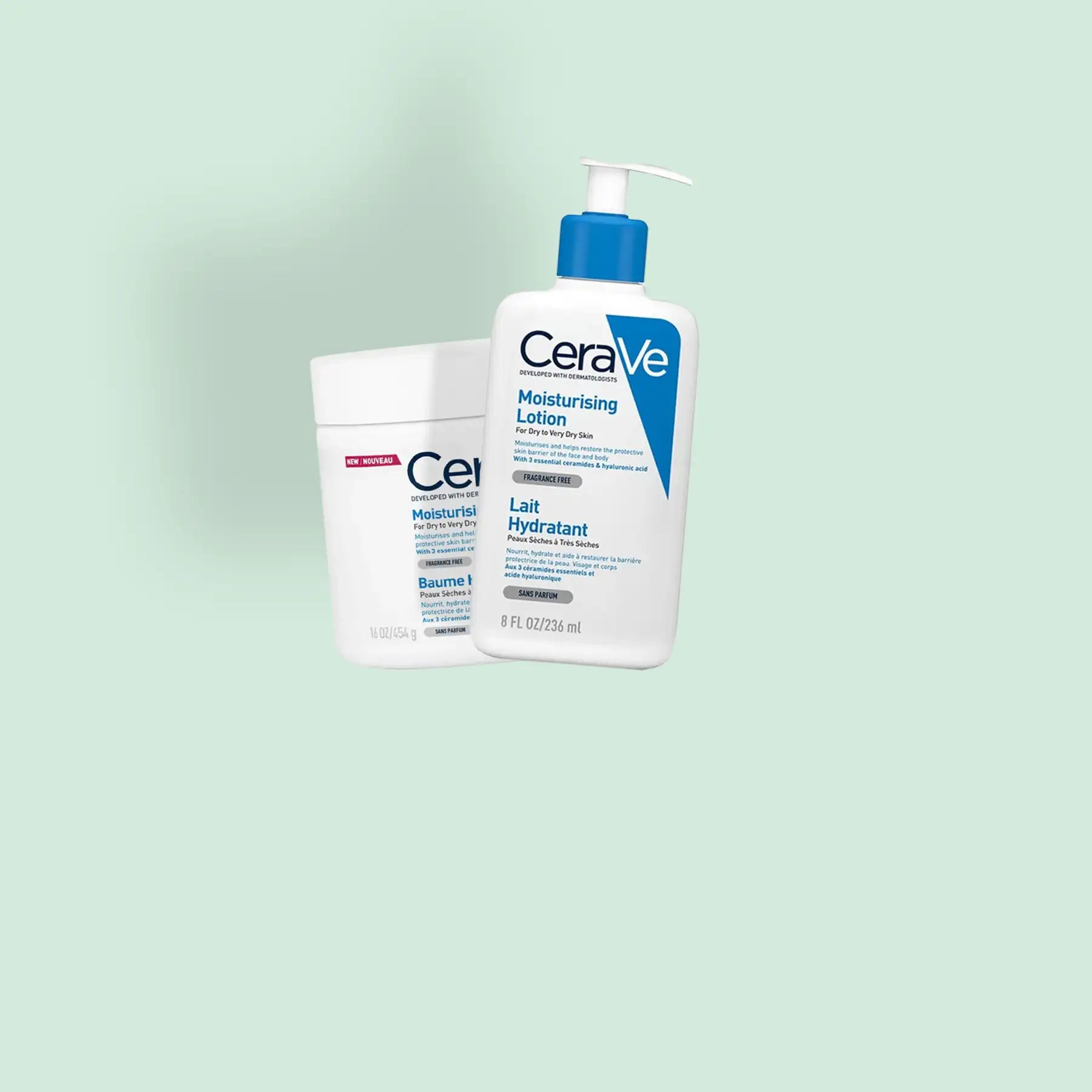 White cerave moisturising lotion bottle with blue pump and label, alongside a matching white jar of moisturizing cream