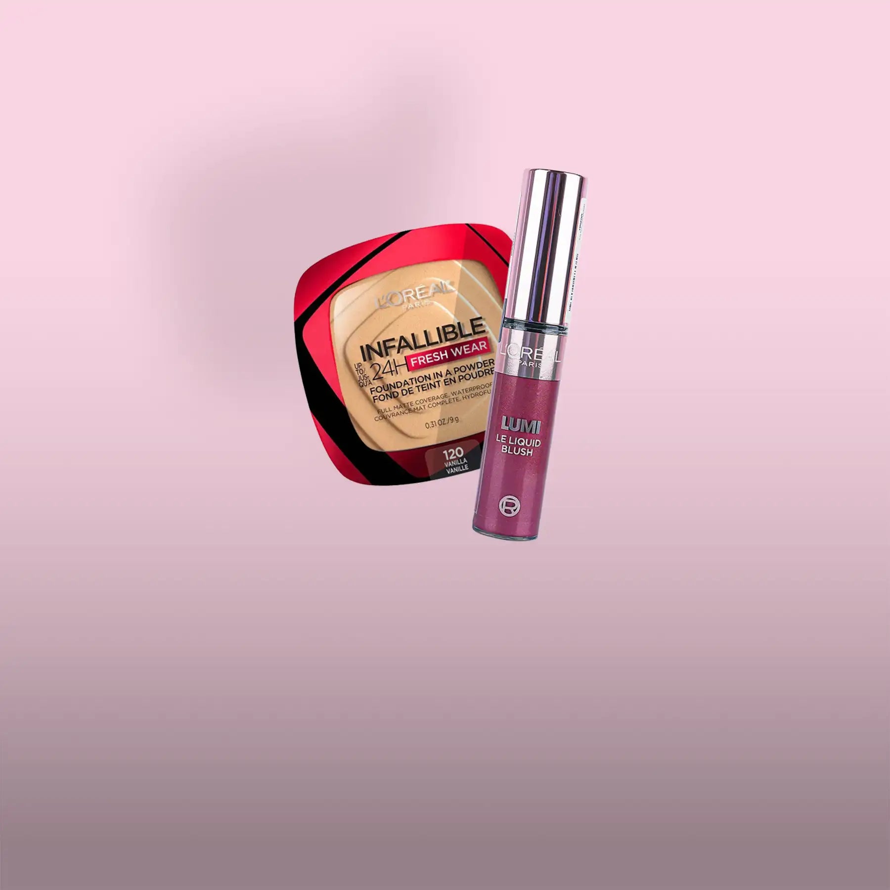 L’oréal paris infallible 24h fresh wear foundation in a powder compact with red and black accents, alongside the l’oréal paris lumi le liquid blush in shade vanilla.