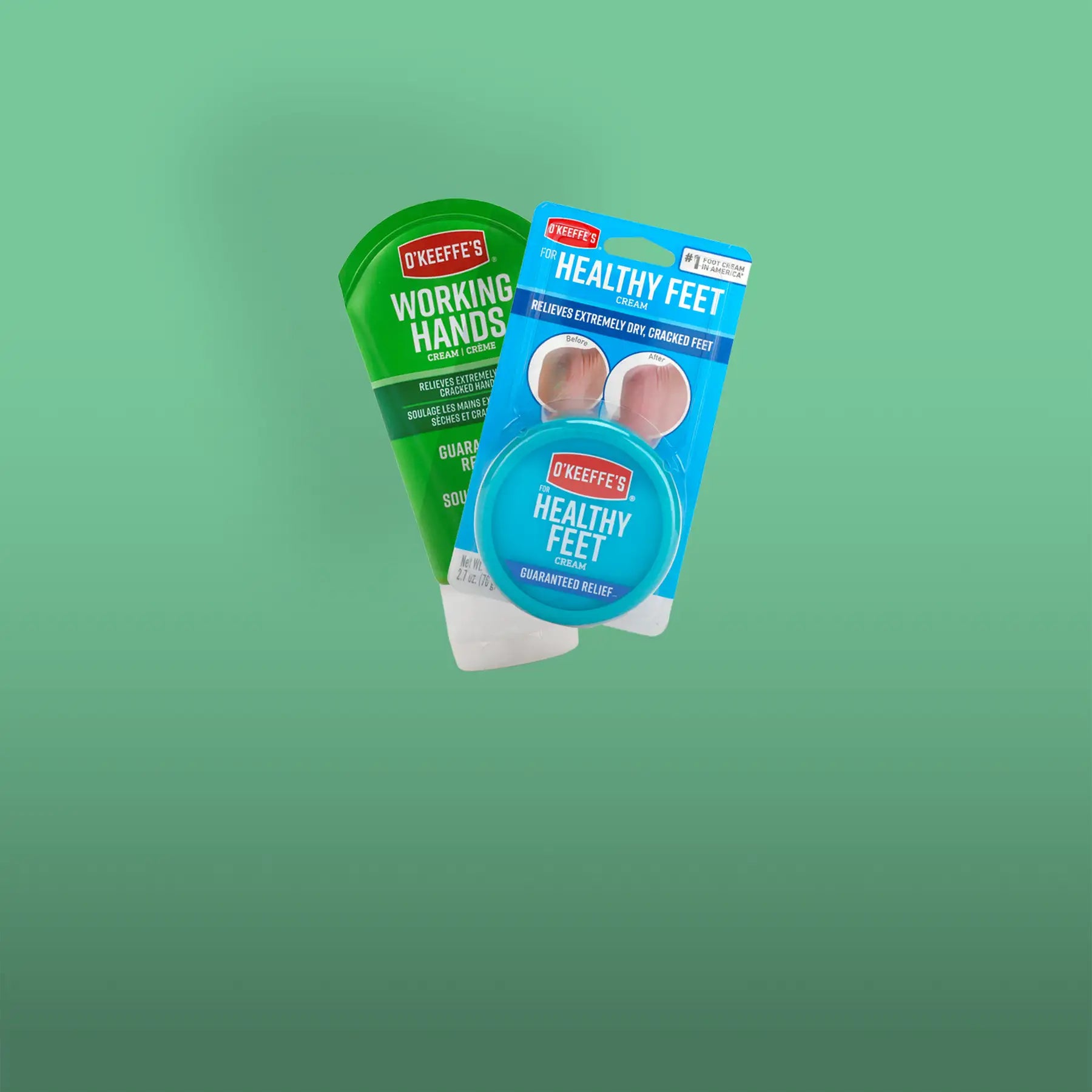 Green and blue o’keeffe’s hand and foot cream tubes with clear product labeling.