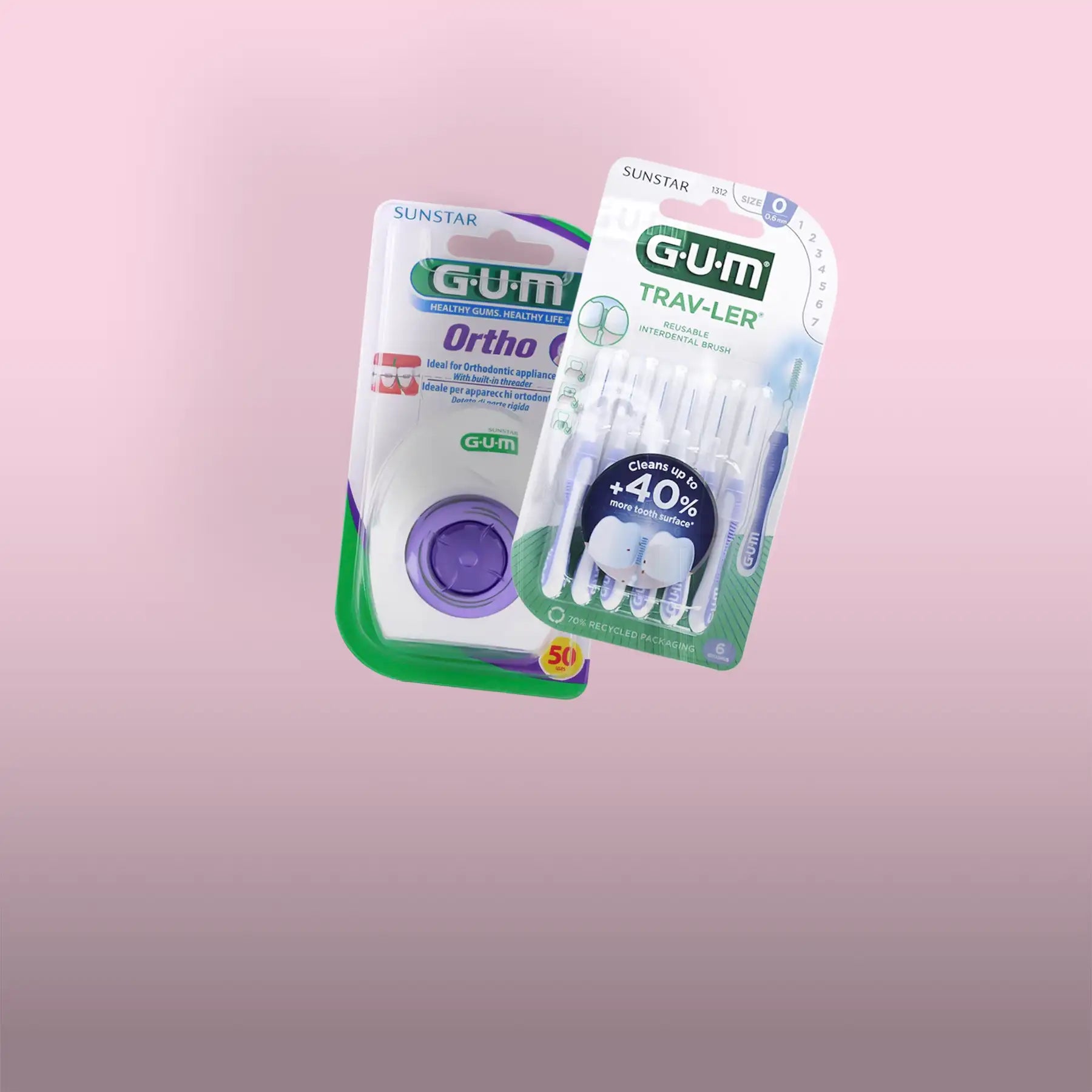 Gum trav-ler reusable interdental brush in a green and white package with purple accents.
