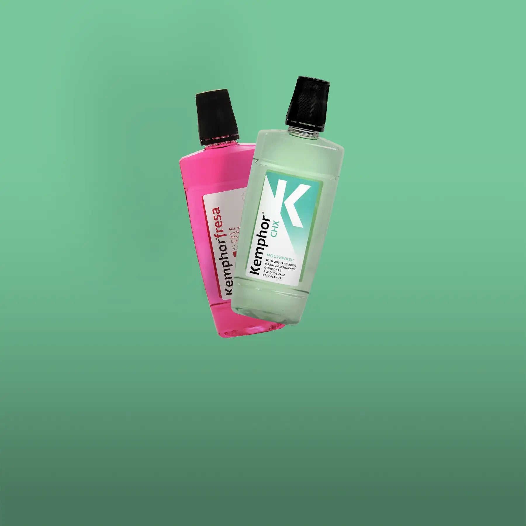 Two bottles of mouthwash, one pink and one clear with a teal label, both featuring black caps.
