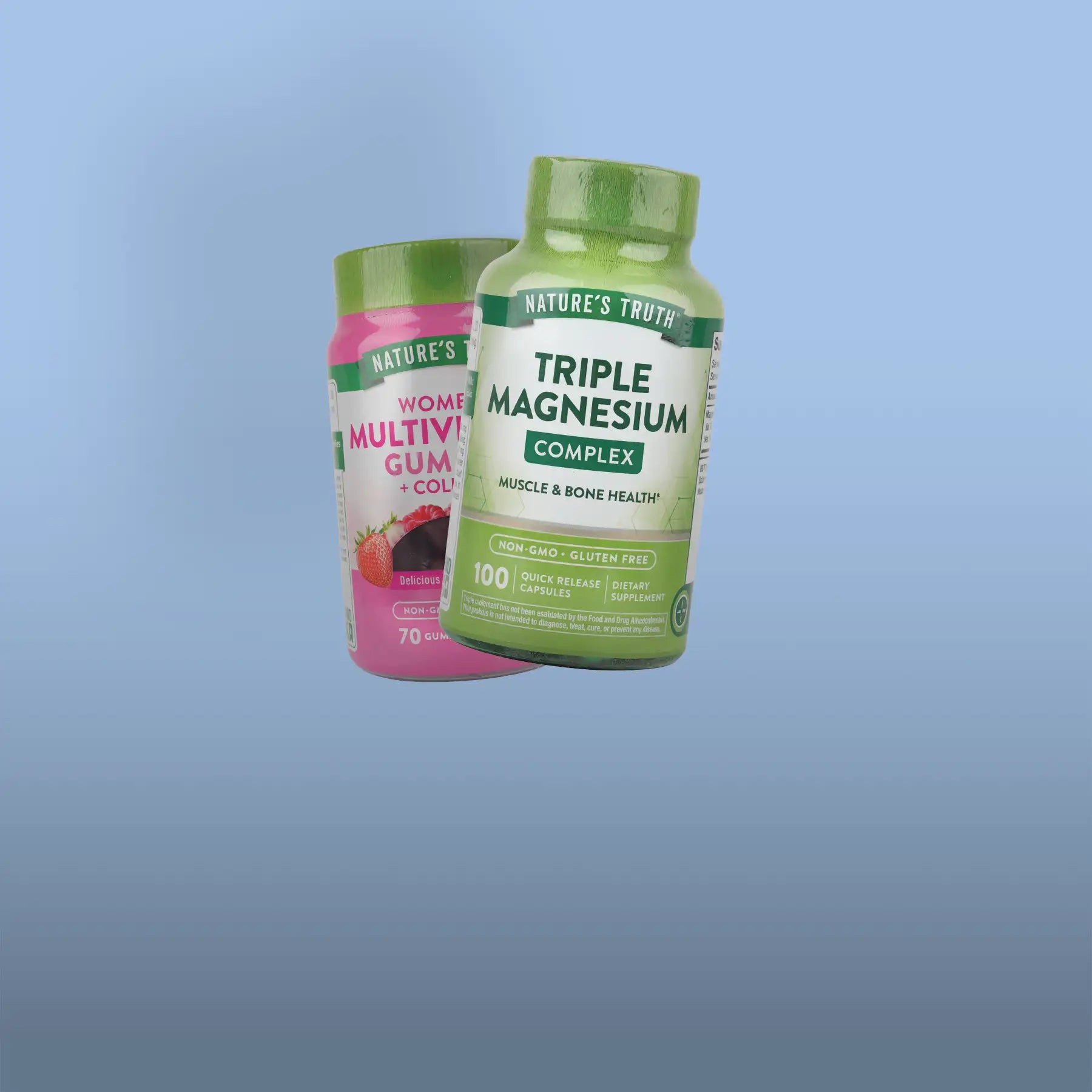 Green plastic bottle of nature’s truth triple magnesium complex dietary supplement with a matching green cap and white label.