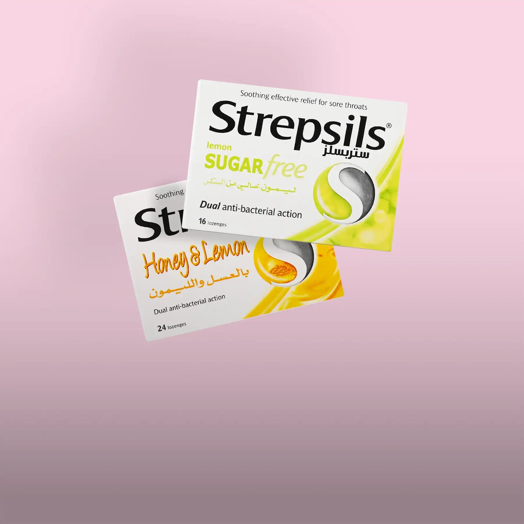 Lemon flavored strepsils sugar-free lozenges in a white and yellow package with a distinctive ’s’ logo.