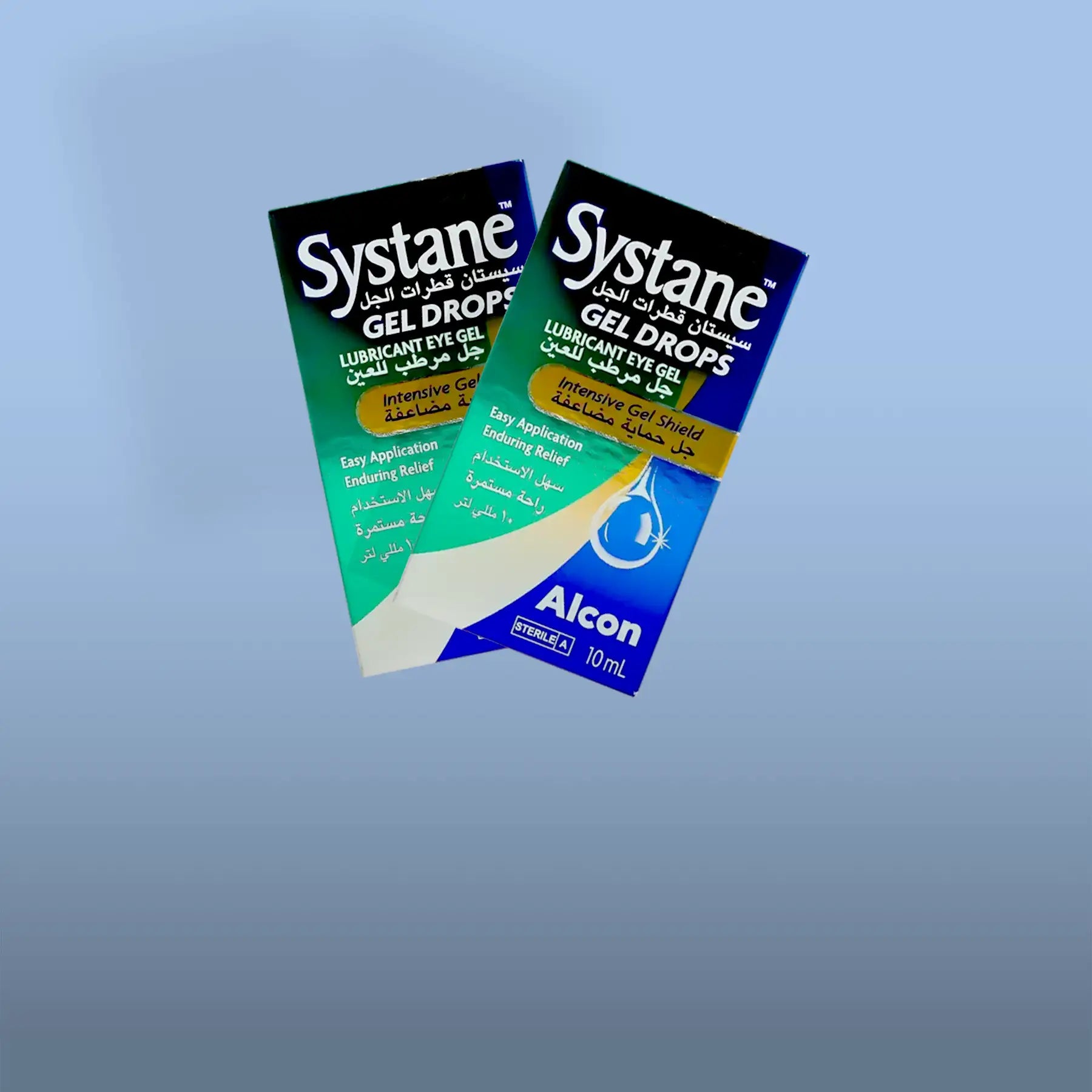 Two systane gel drops packages, one in green and the other in blue, both featuring a 10 ml volume label.