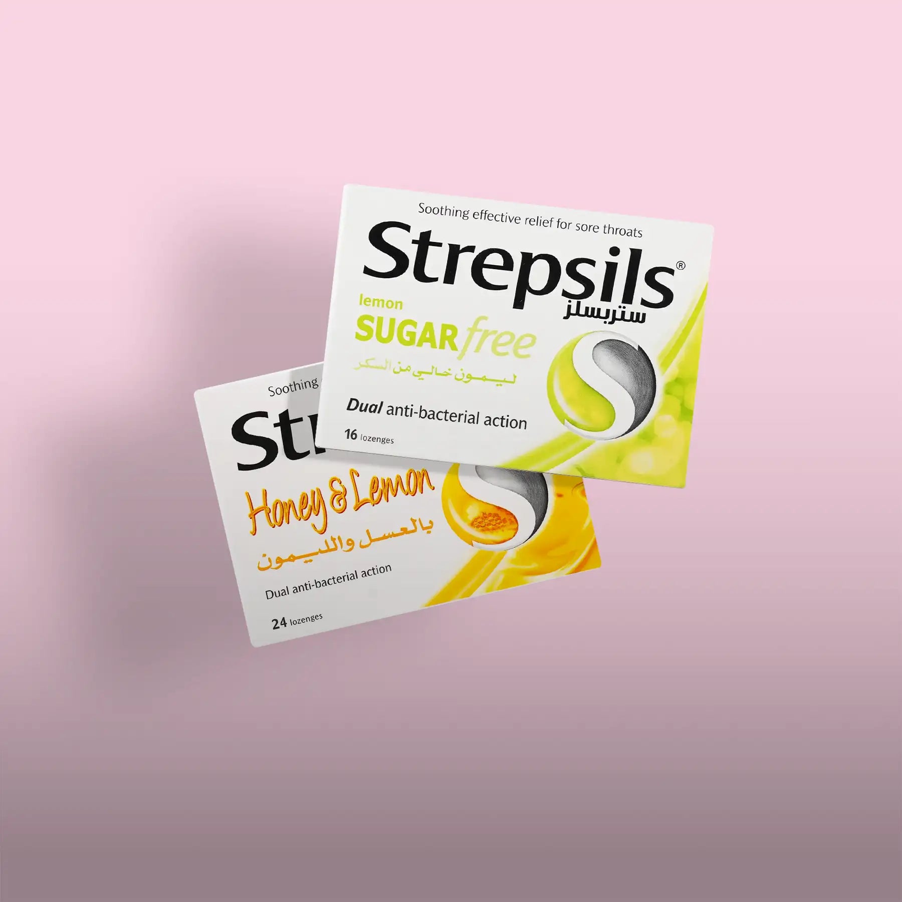 Two packs of strepsils throat lozenges, one lemon sugar-free and the other honey & lemon flavor, presented in white packaging with vibrant yellow and green accents.