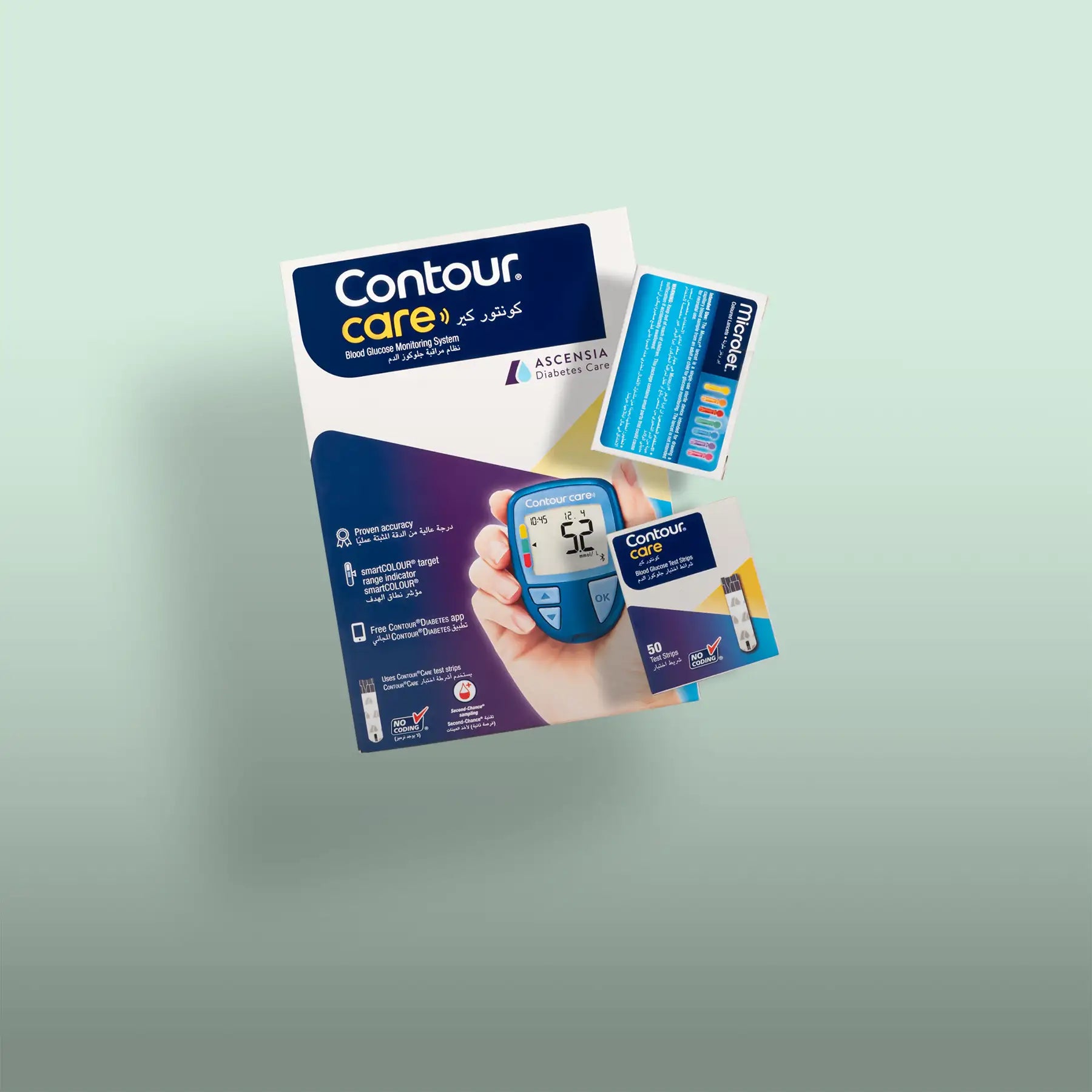 Blue contour care blood glucose monitoring system with digital display and test strips.