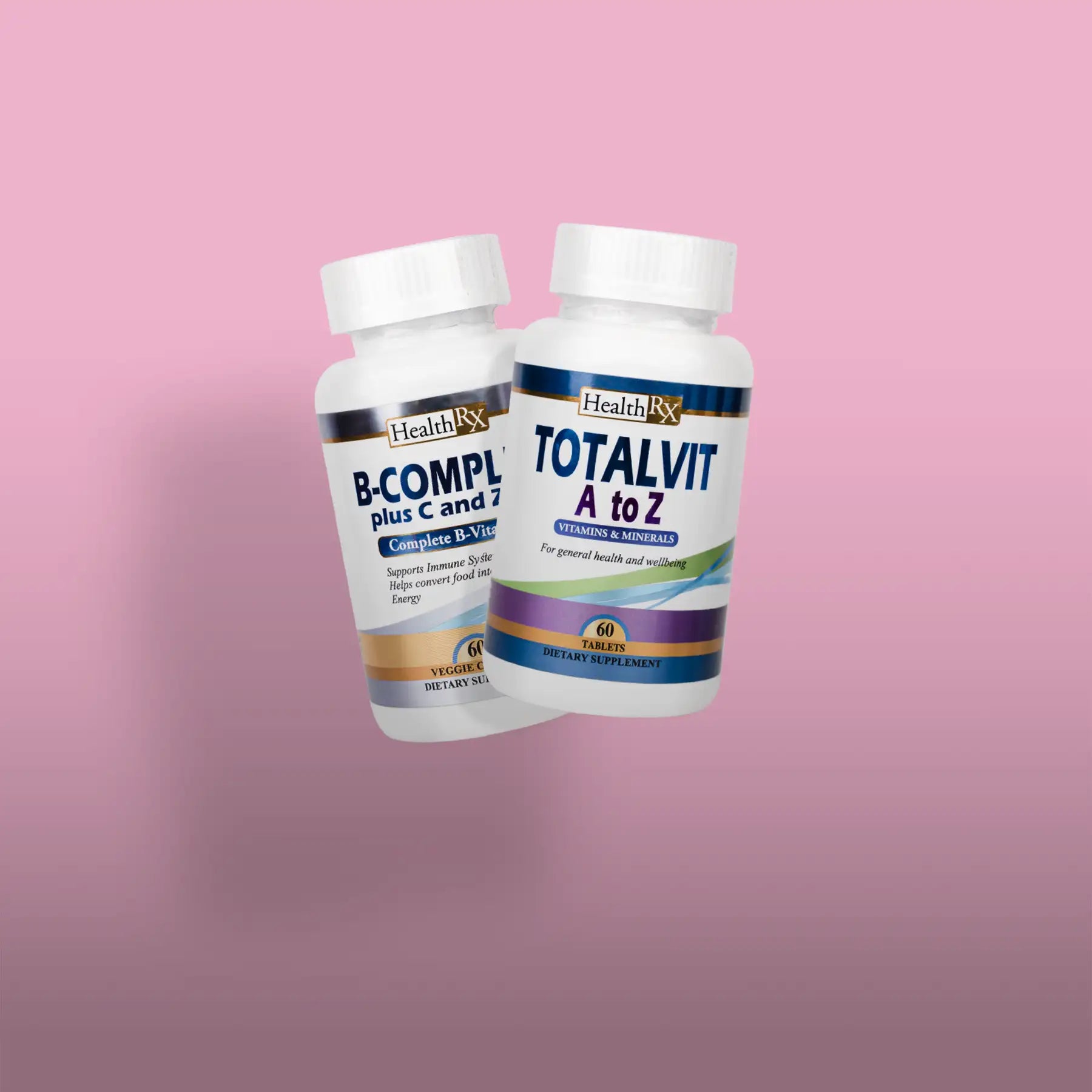 Two white plastic bottles of healthrx dietary supplements, one labeled ’b-complex plus c and z’ and the other ’totalvit a to z,’ each containing 60 tablets.