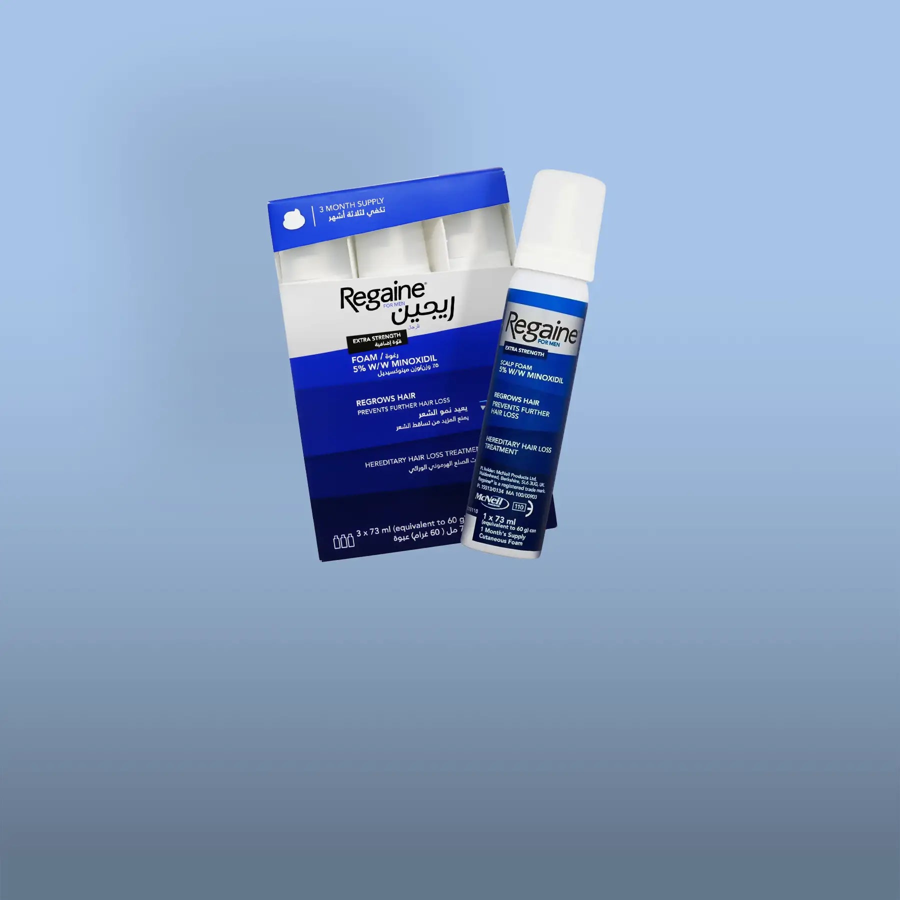 Regaine extra strength 5% w/w minoxidil foam for men, in a white and blue tube with matching packaging.