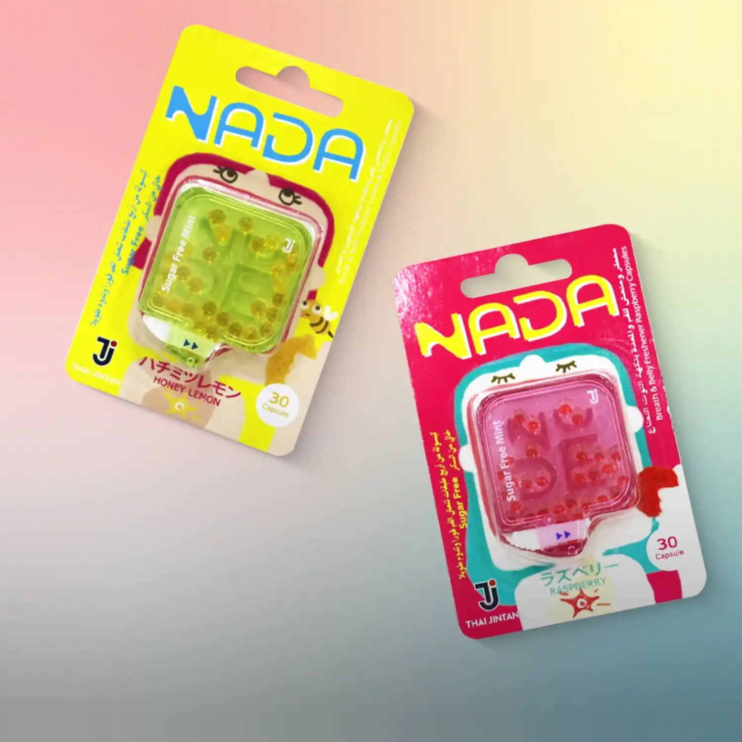 Two blister packs of sugar-free breath capsules, one honey lemon flavor and one raspberry flavor.