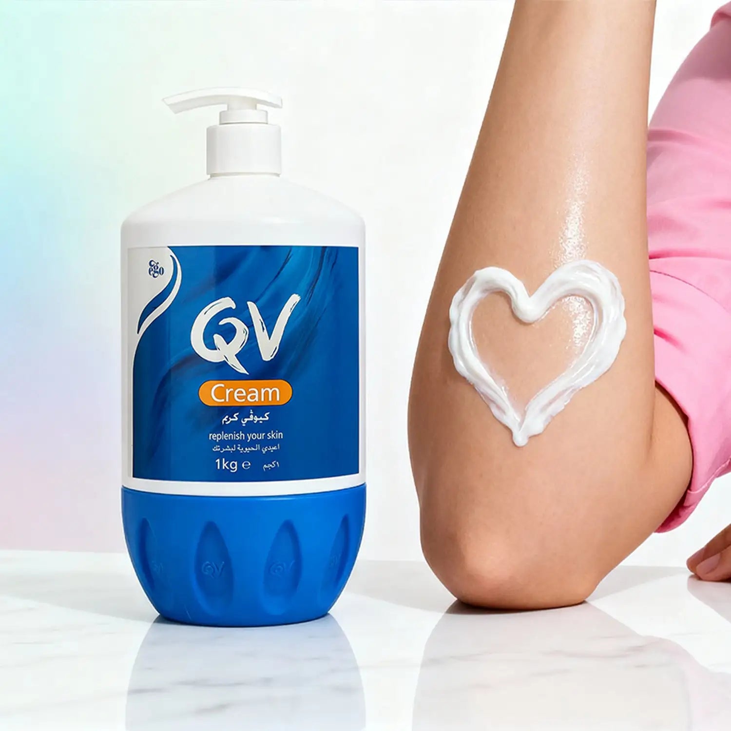 A white and blue qv cream bottle with a pump dispenser, featuring a bold blue label that reads ’qv cream’ in silver lettering.