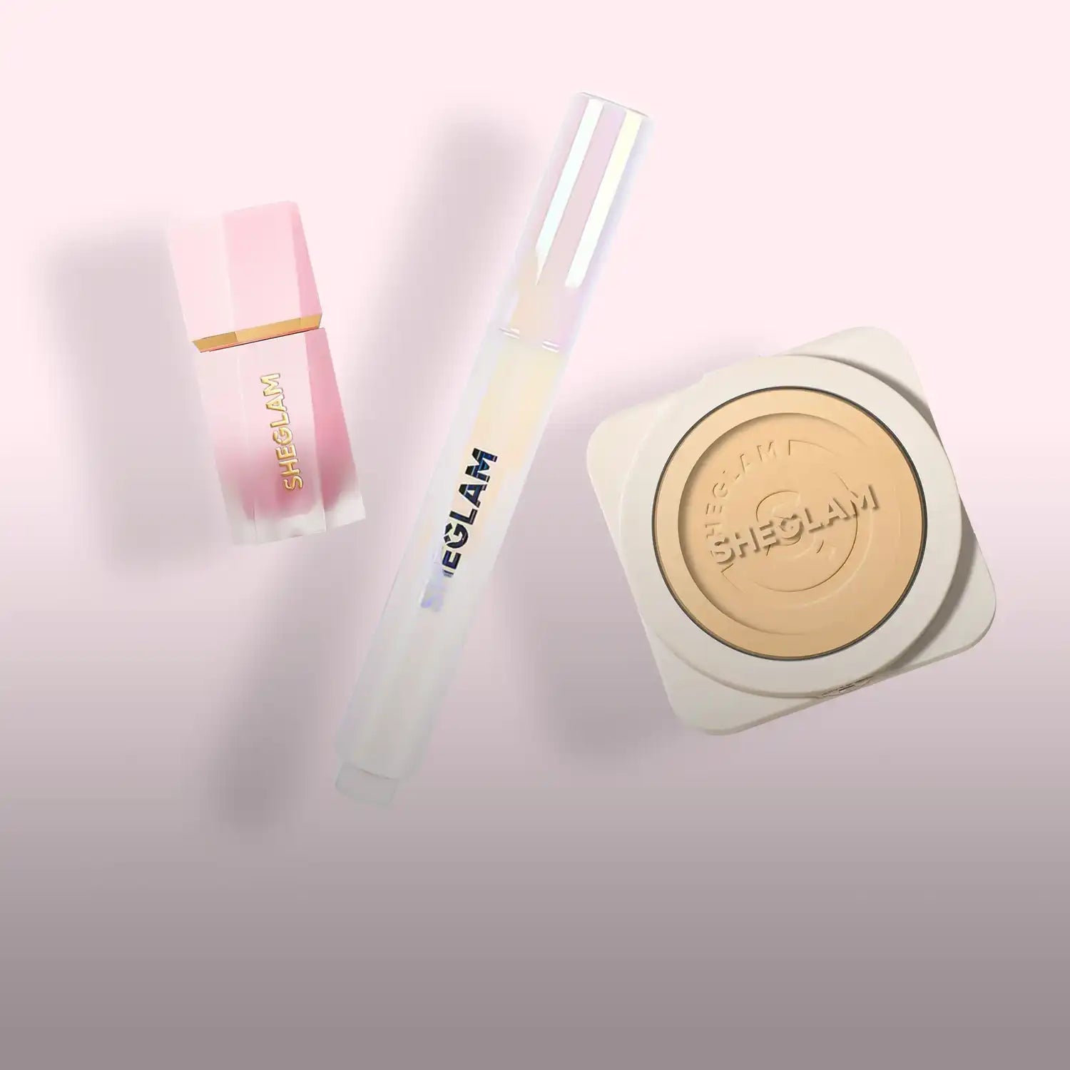 Sheglam compact powder foundation in light beige, matte finish.