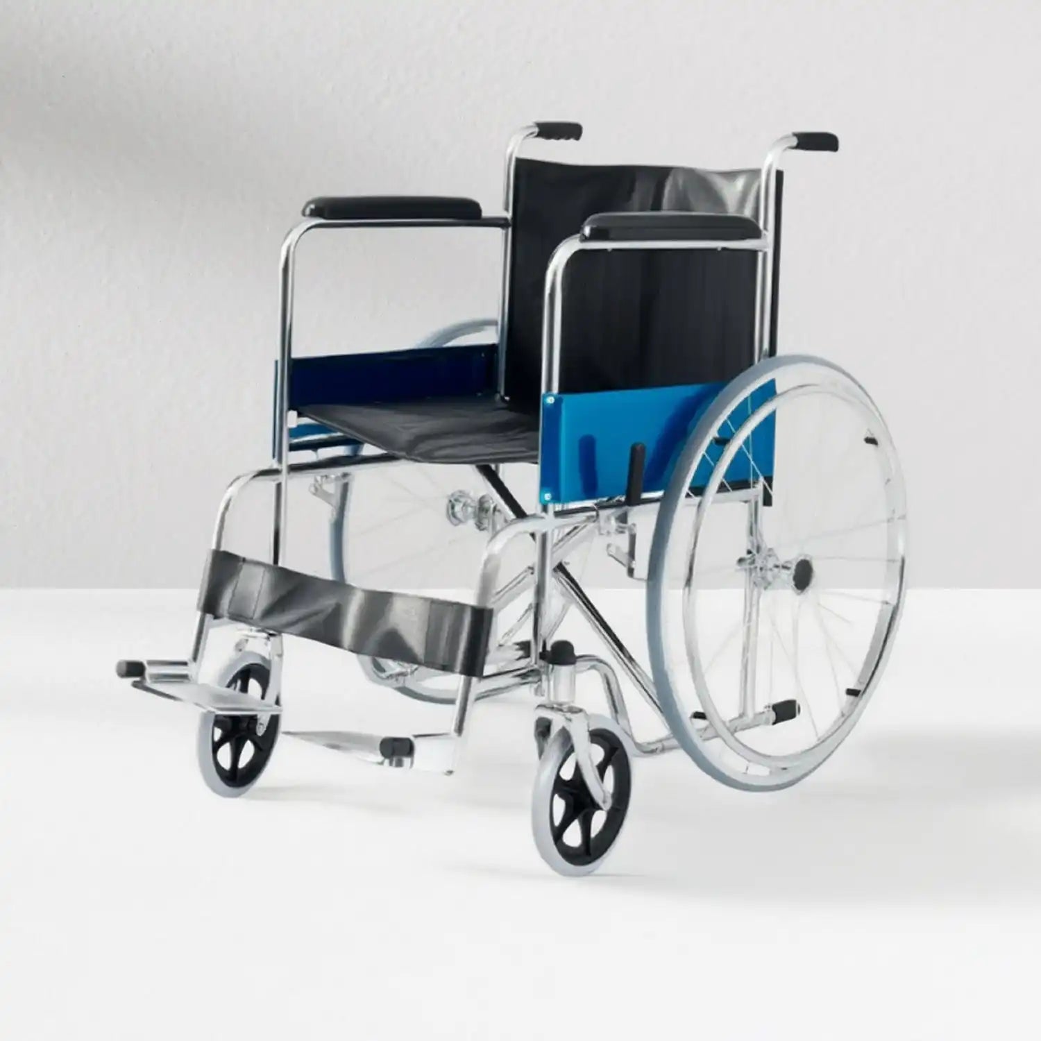 A manual wheelchair with a chrome frame and blue and black upholstery.