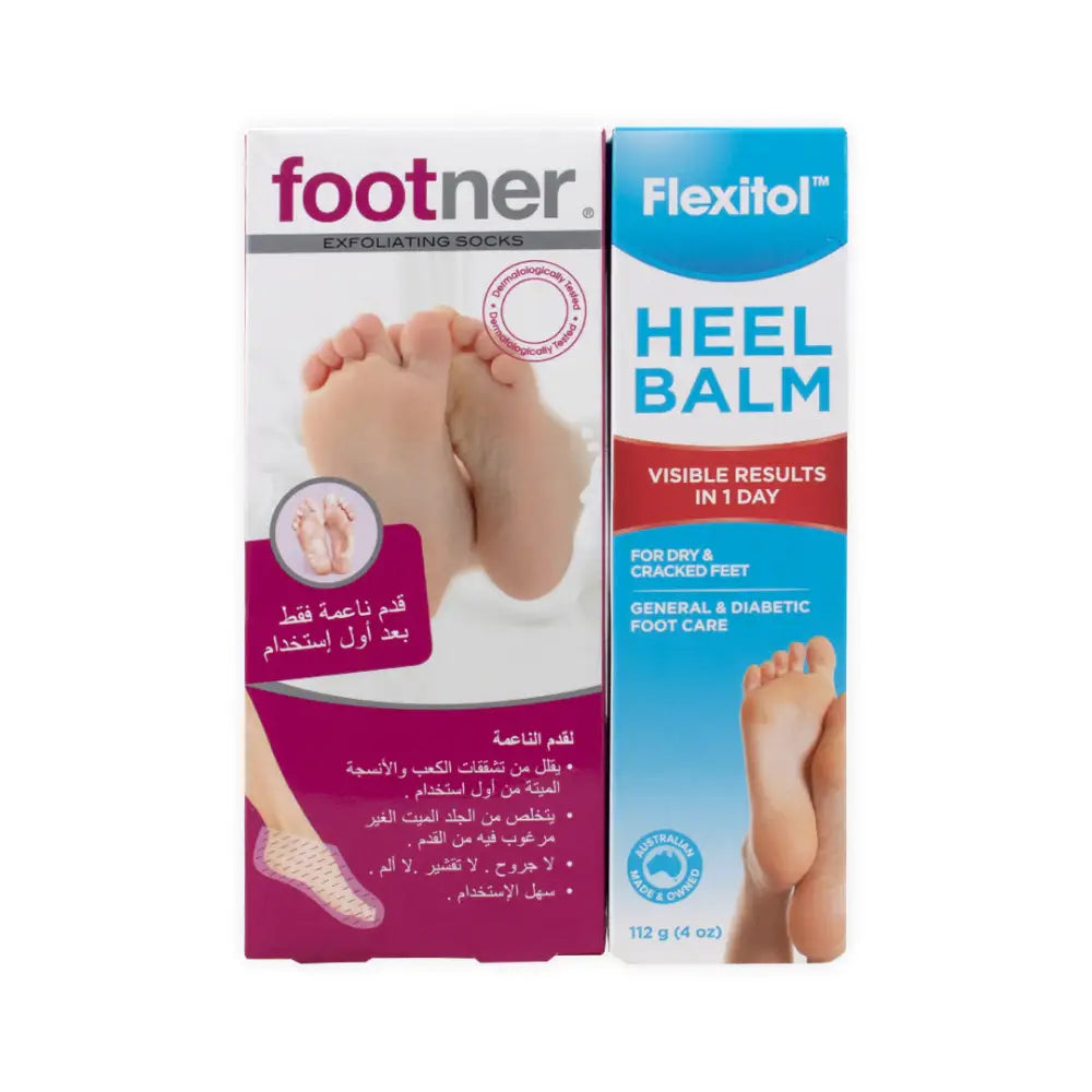 Footner Exfoliating Socks + Flexitol Heel Balm Set