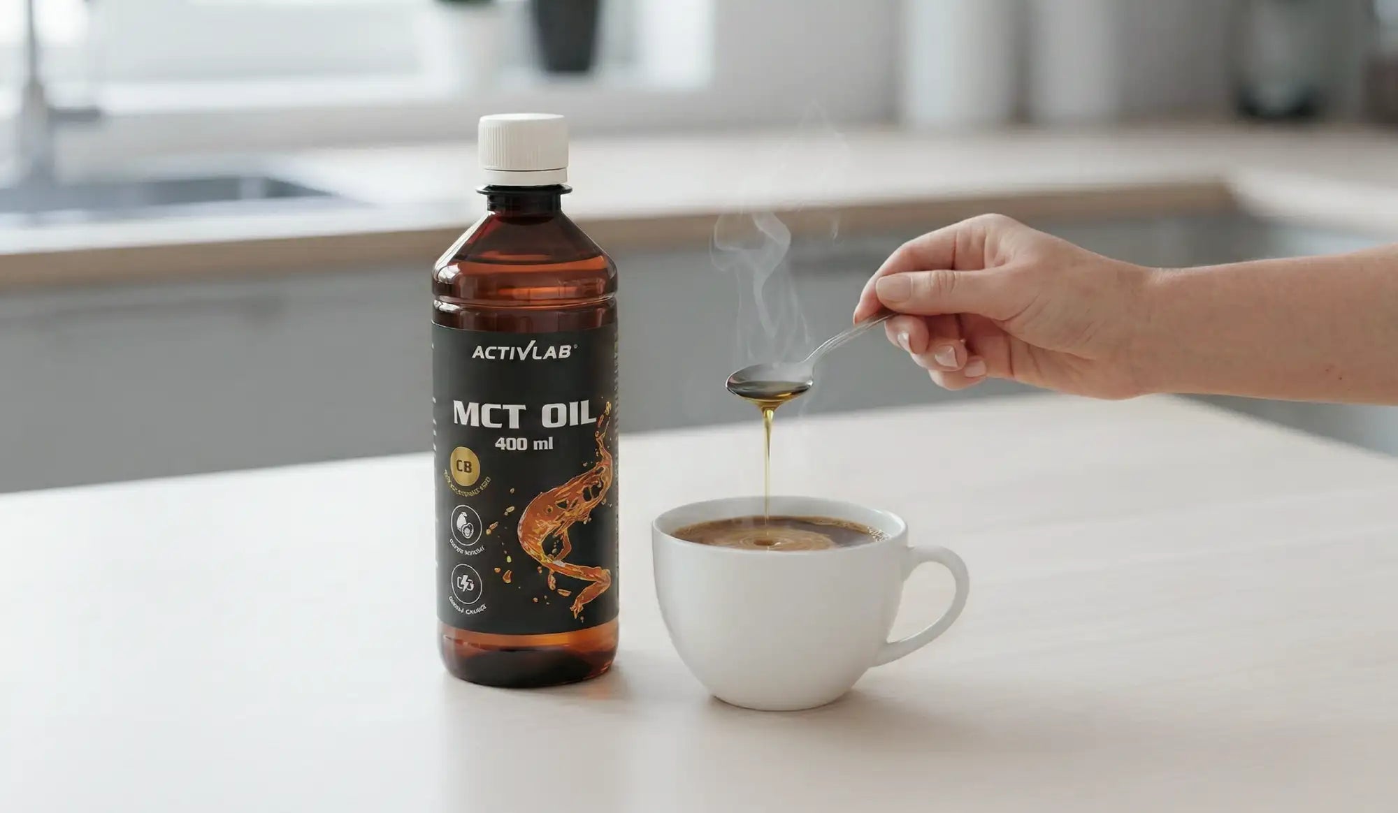 A dark amber glass bottle of activlab mct oil, 400 ml, with a white cap and black label featuring an orange fish illustration.