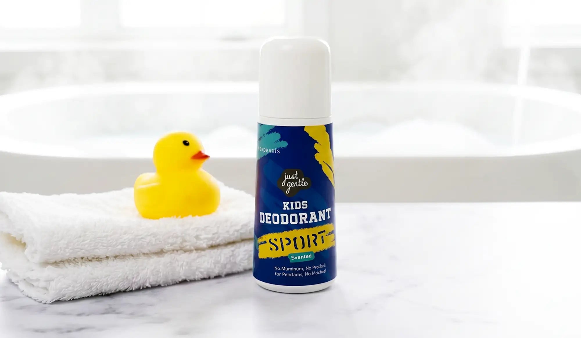 A blue and yellow aerosol can of just d’gentle kids deodorant sport, featuring a white cap and playful design.