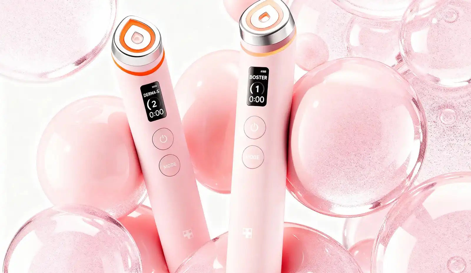 Pink and white dual-mode facial massager with digital display, silicone tips, and ergonomic handle.