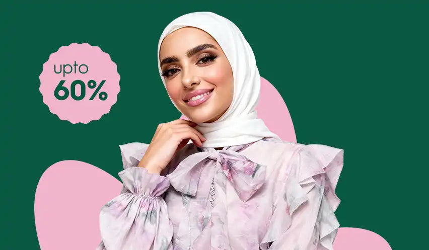 White hijab with floral pattern and ruffled edges, 60% off label.