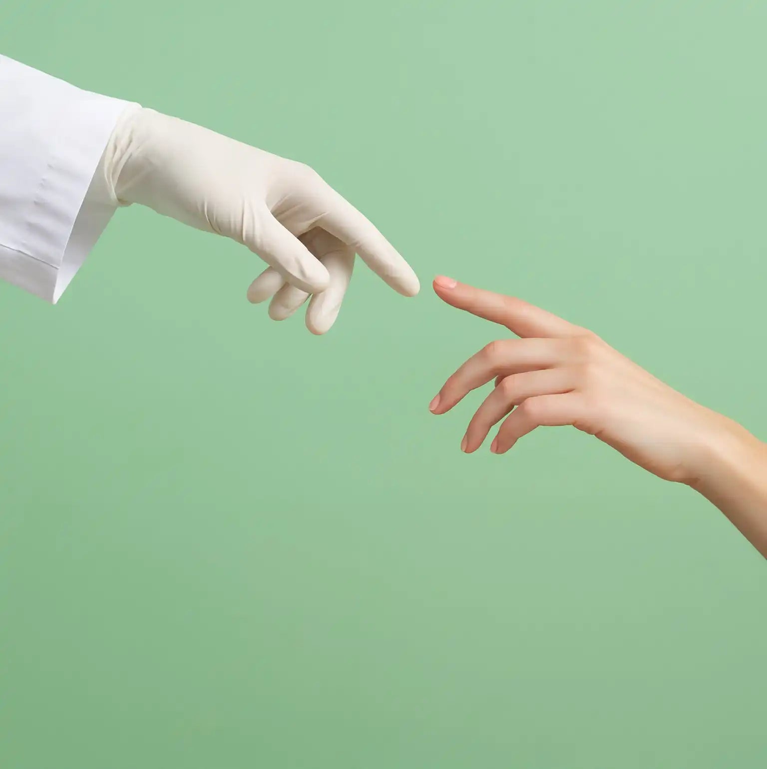 Two hands, one gloved, reaching for each other.