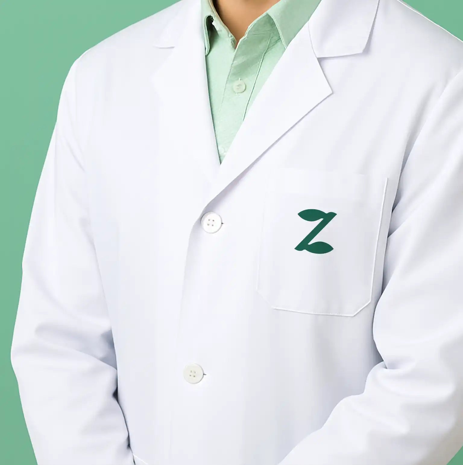 White lab coat with a green polo shirt underneath.