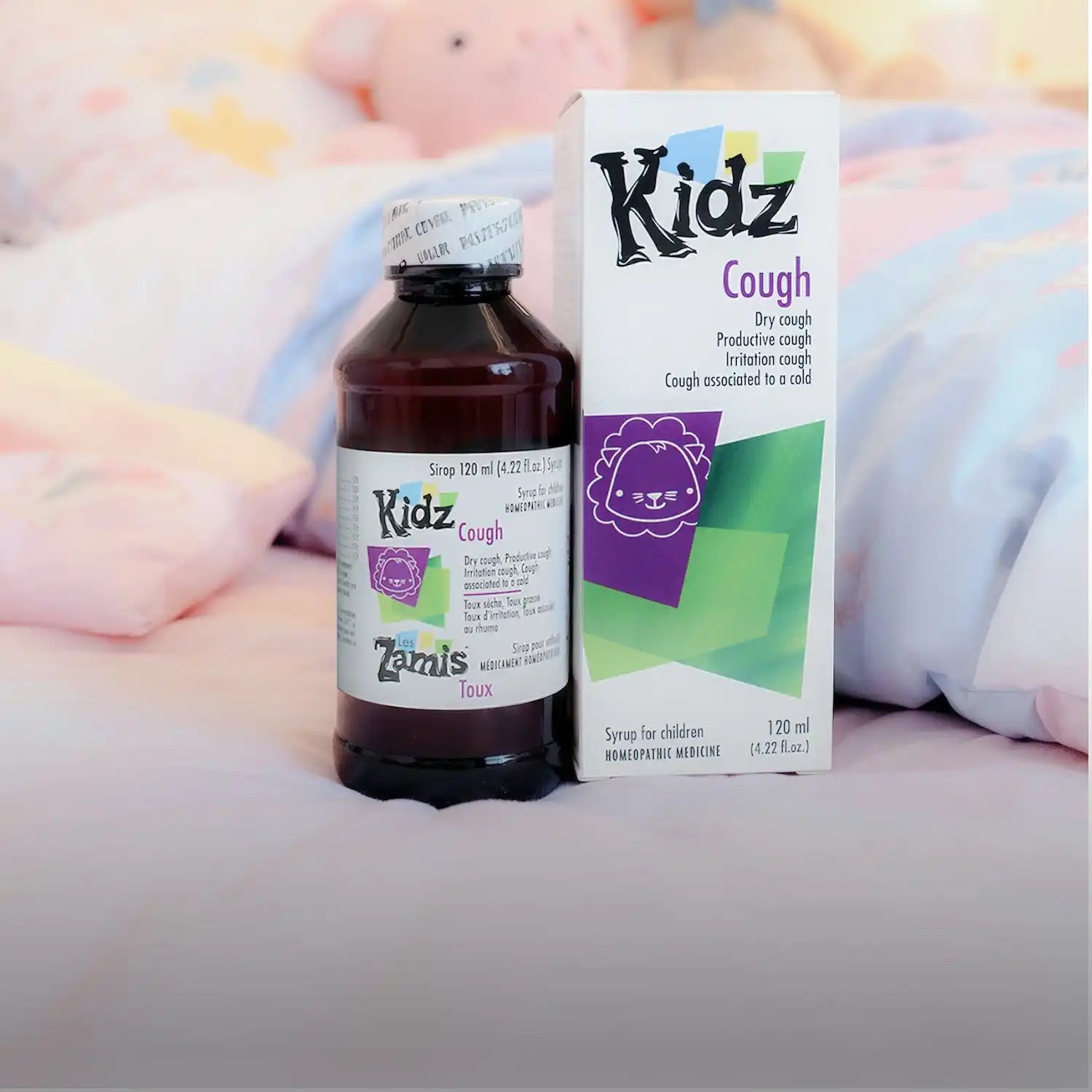Kidz cough syrup bottle with purple and green label, 120ml size.