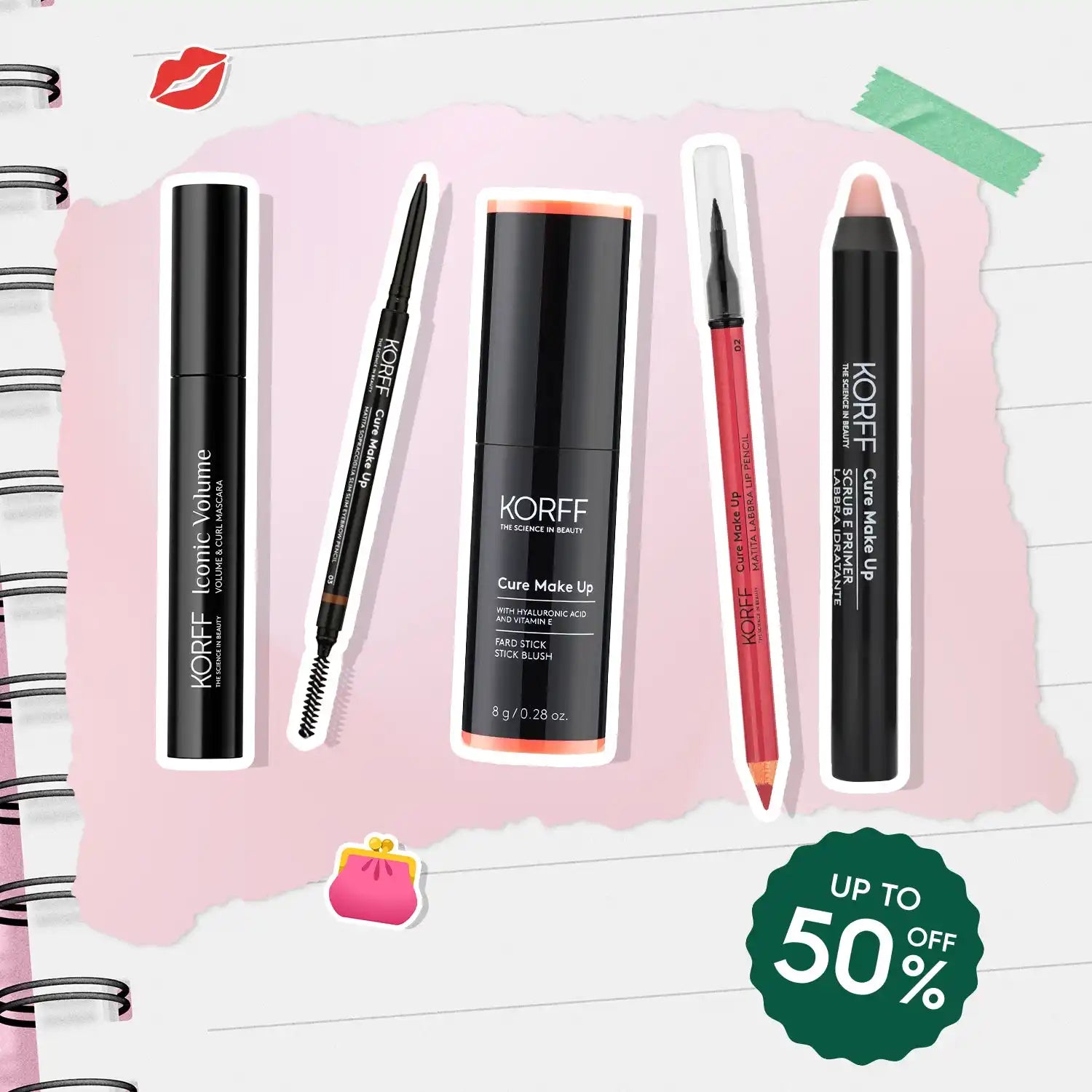 A collection of Korff makeup products including mascara, an eyebrow pencil, stick blush, lip liner, and a lip crayon.