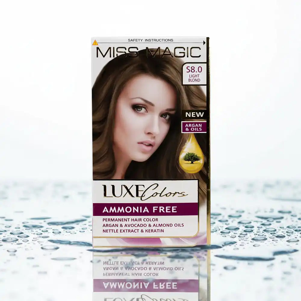 Box of Miss Magic Luxe Colors ammonia-free permanent hair color in shade 8.0 Light Blond, enriched with argan, avocado, almond oils, nettle extract, and keratin.